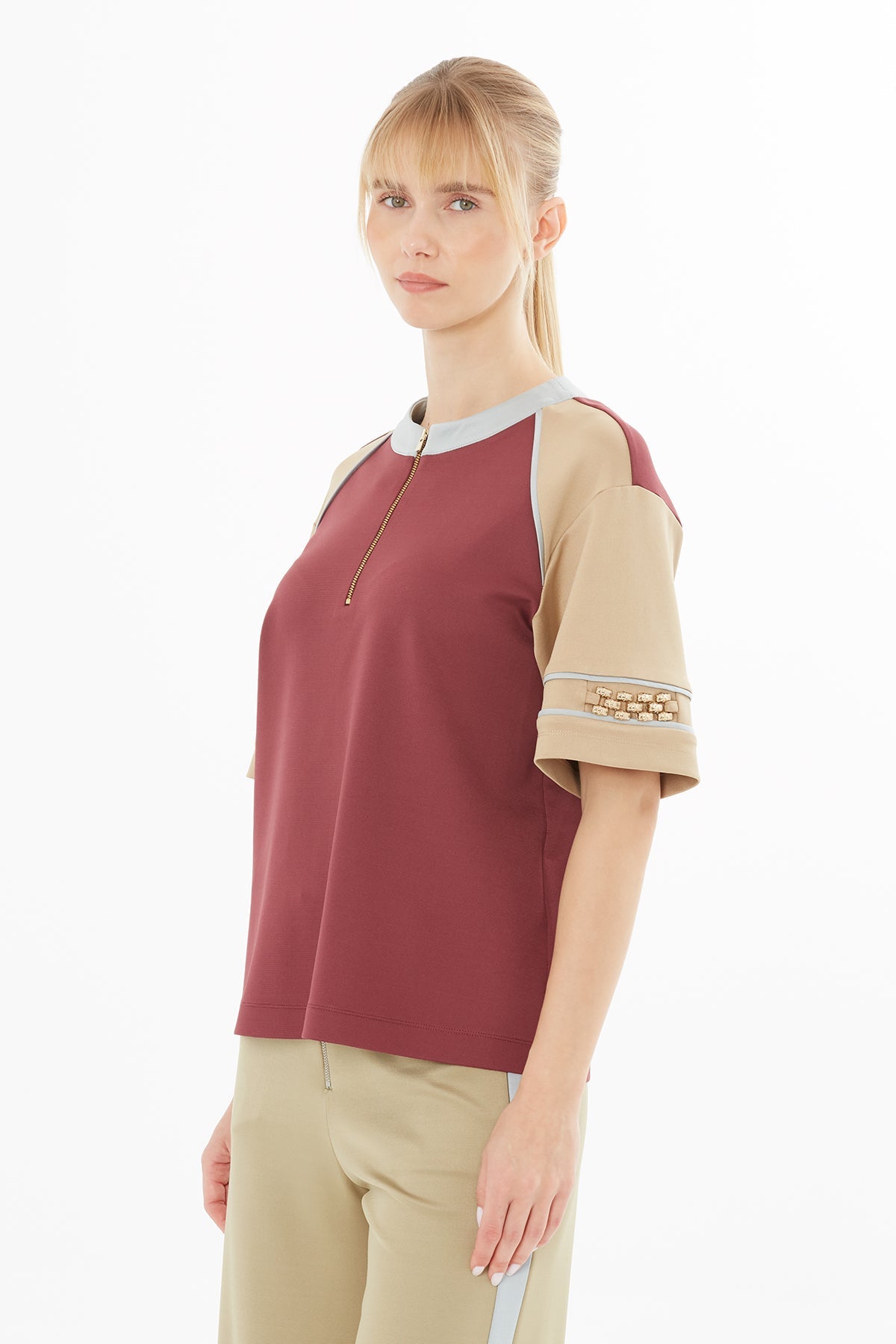 Red Blouse with Zippered Collar