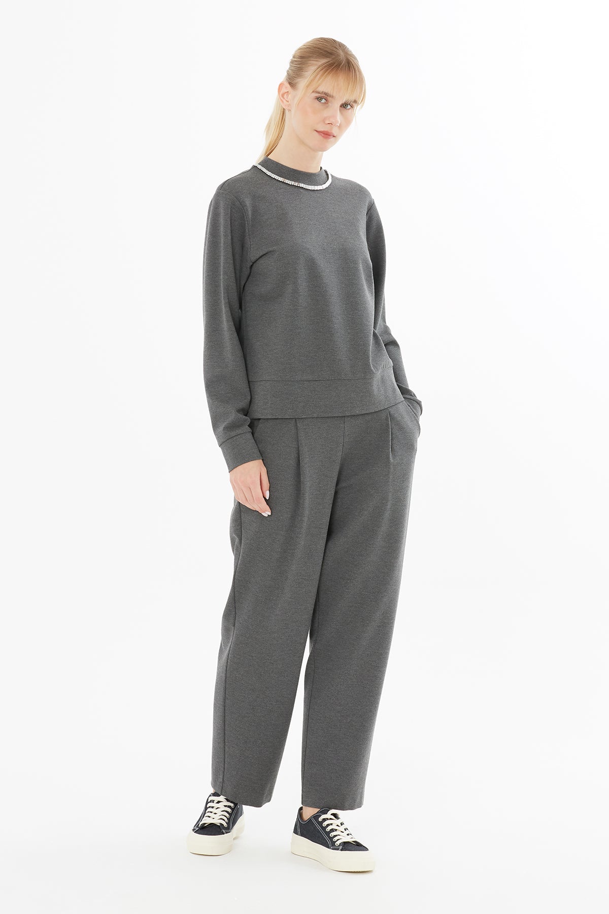 Grey Sweatshirt with Embroidered Collar