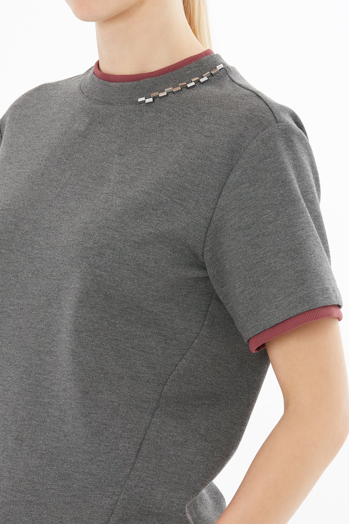 Grey Blouse with Detailed Accessories