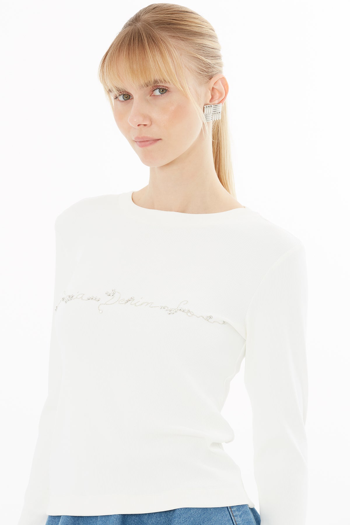 Ecru Blouse with Glitter Embroidery Detail