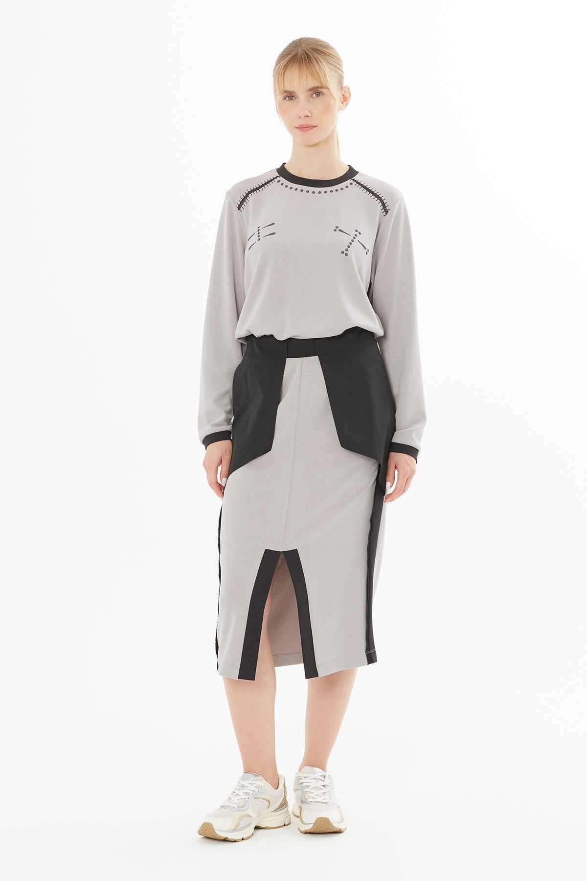 Grey Midi Skirt with Contrast Detail