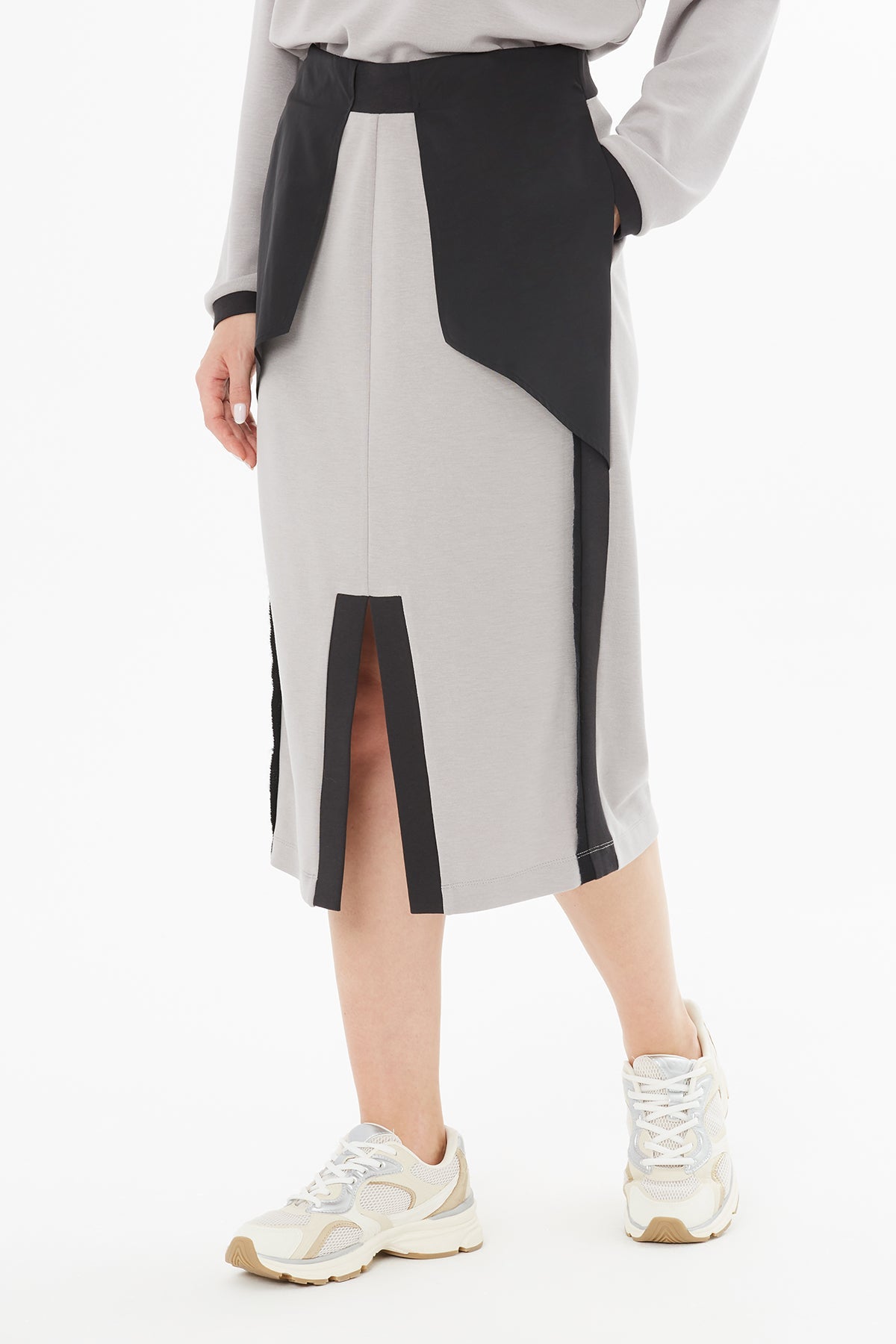 Grey Midi Skirt with Contrast Detail
