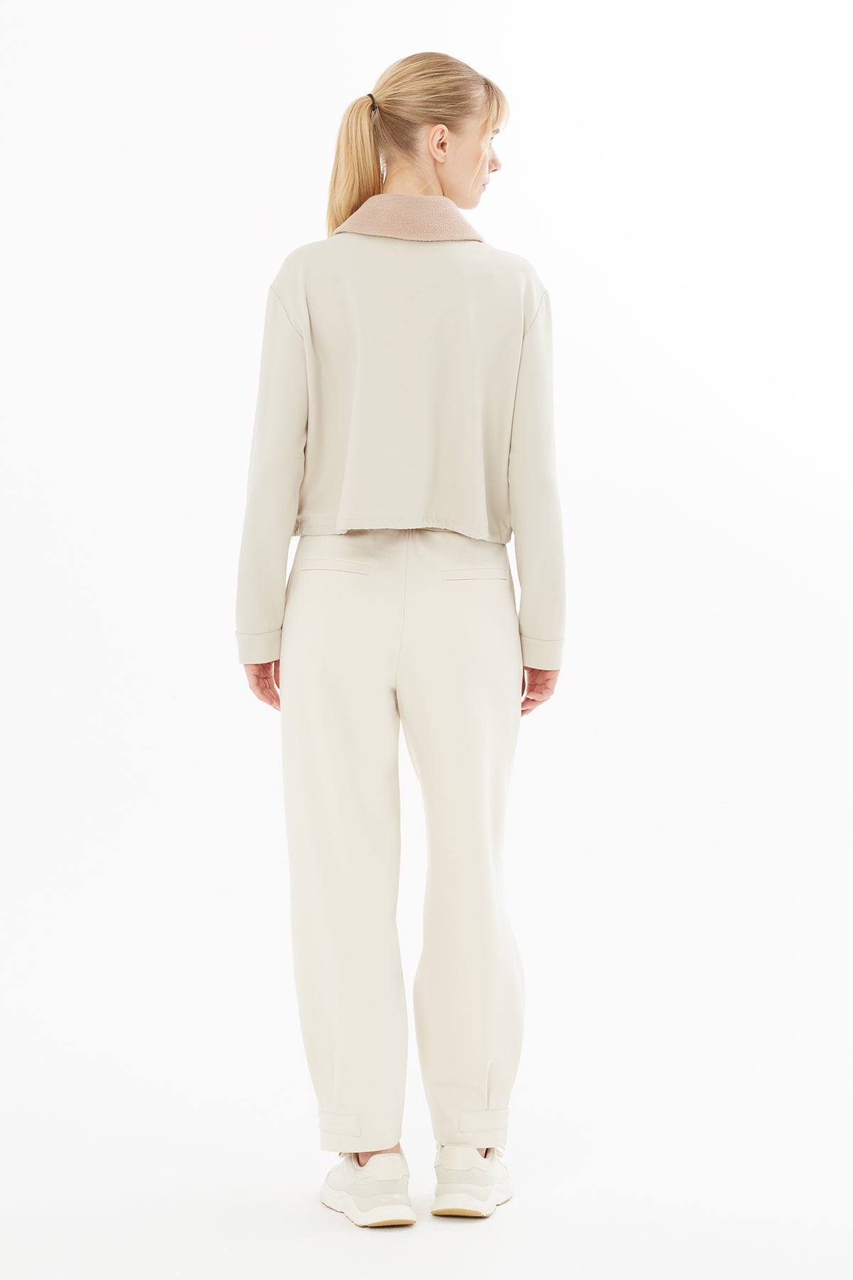 Beige Jacket with Knitted Collar Detail