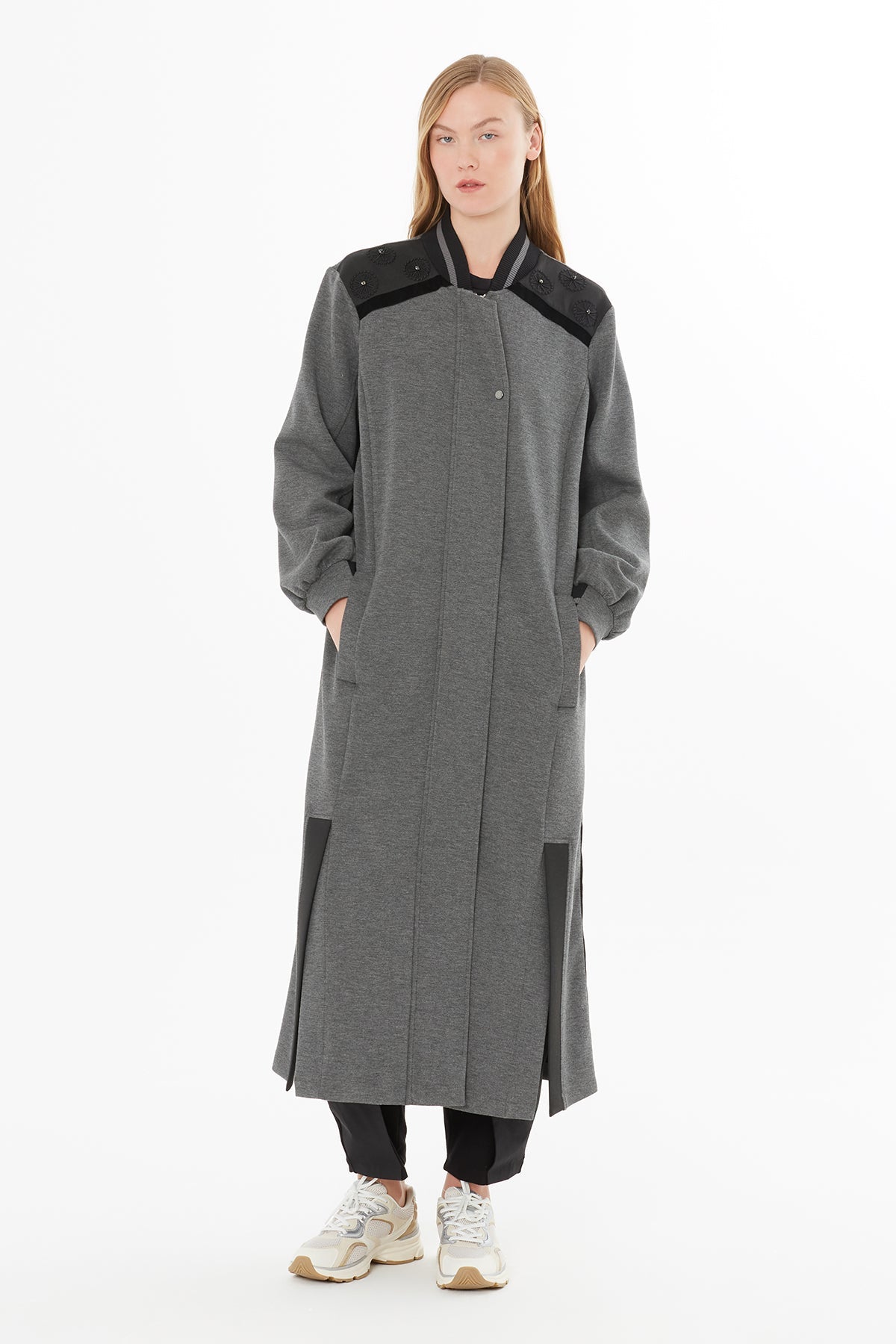 Grey Long Jacket with Contrast Details