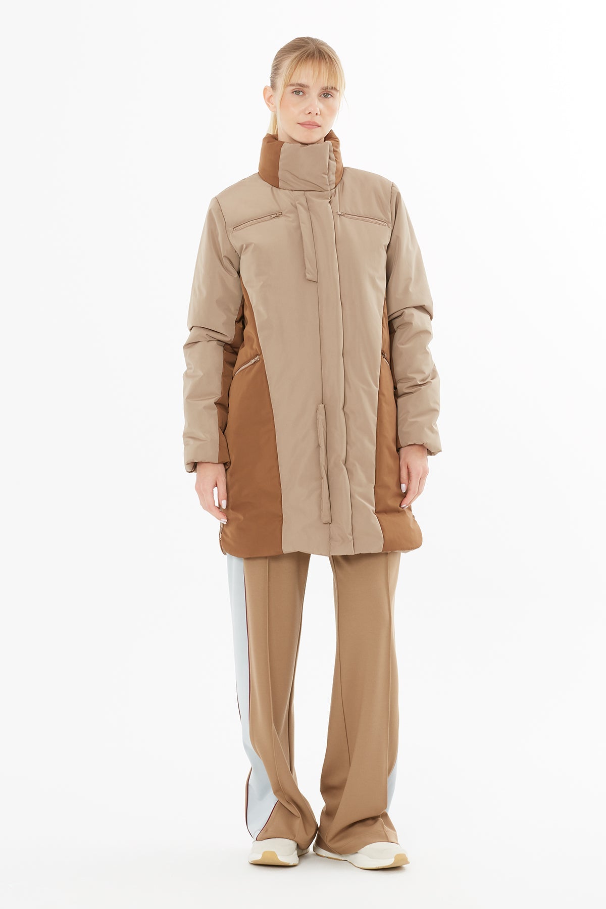 Beige Snap-Button Long Coat