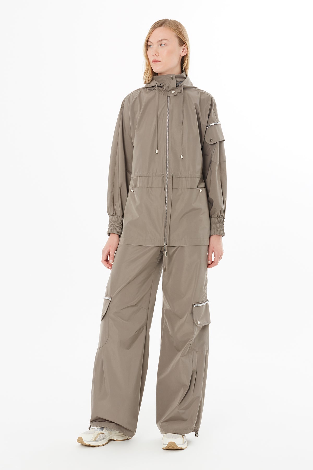 Grey Raincoat with Drawstring Waist