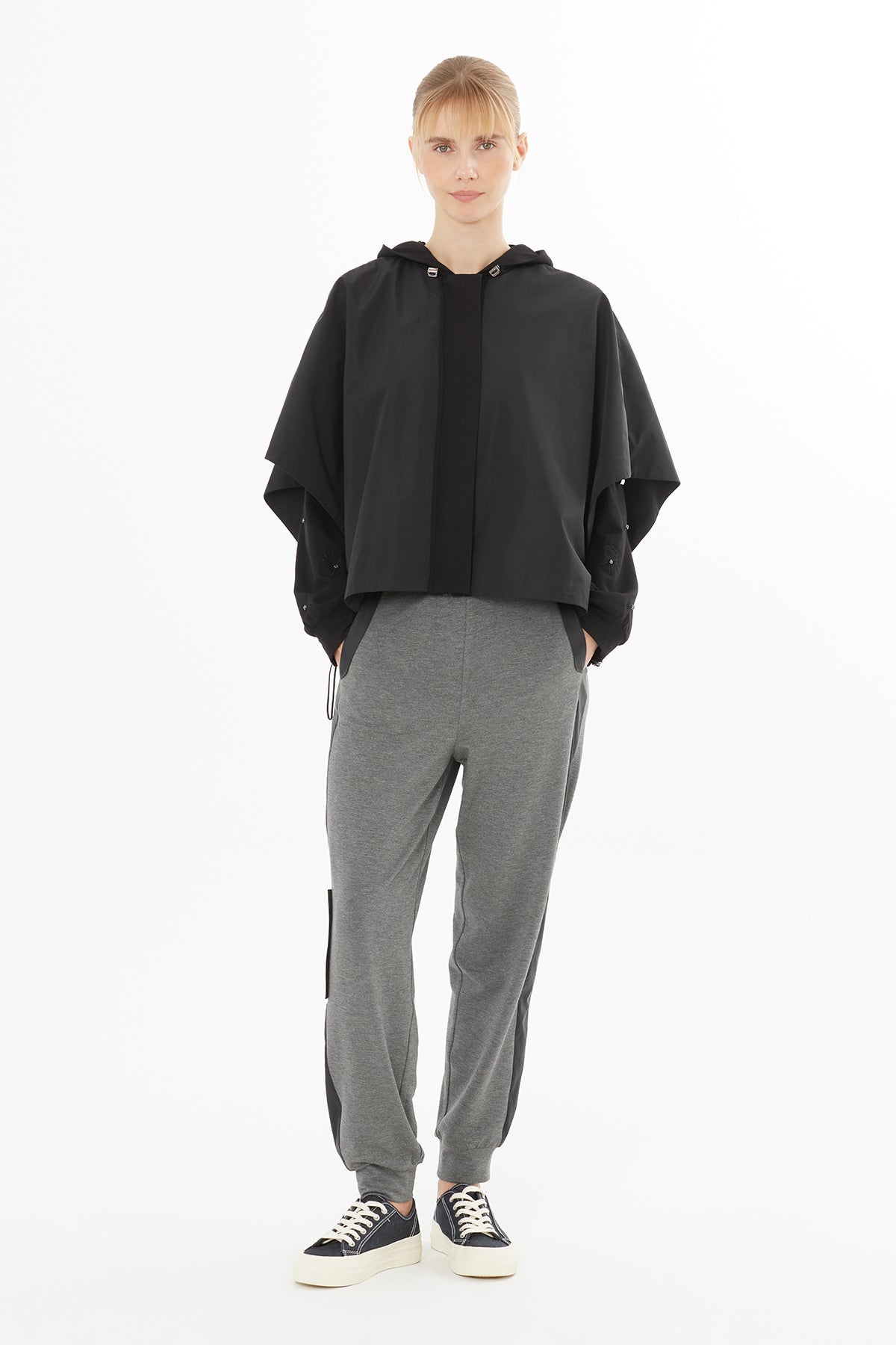 Black Embroidered Hooded Raincoat