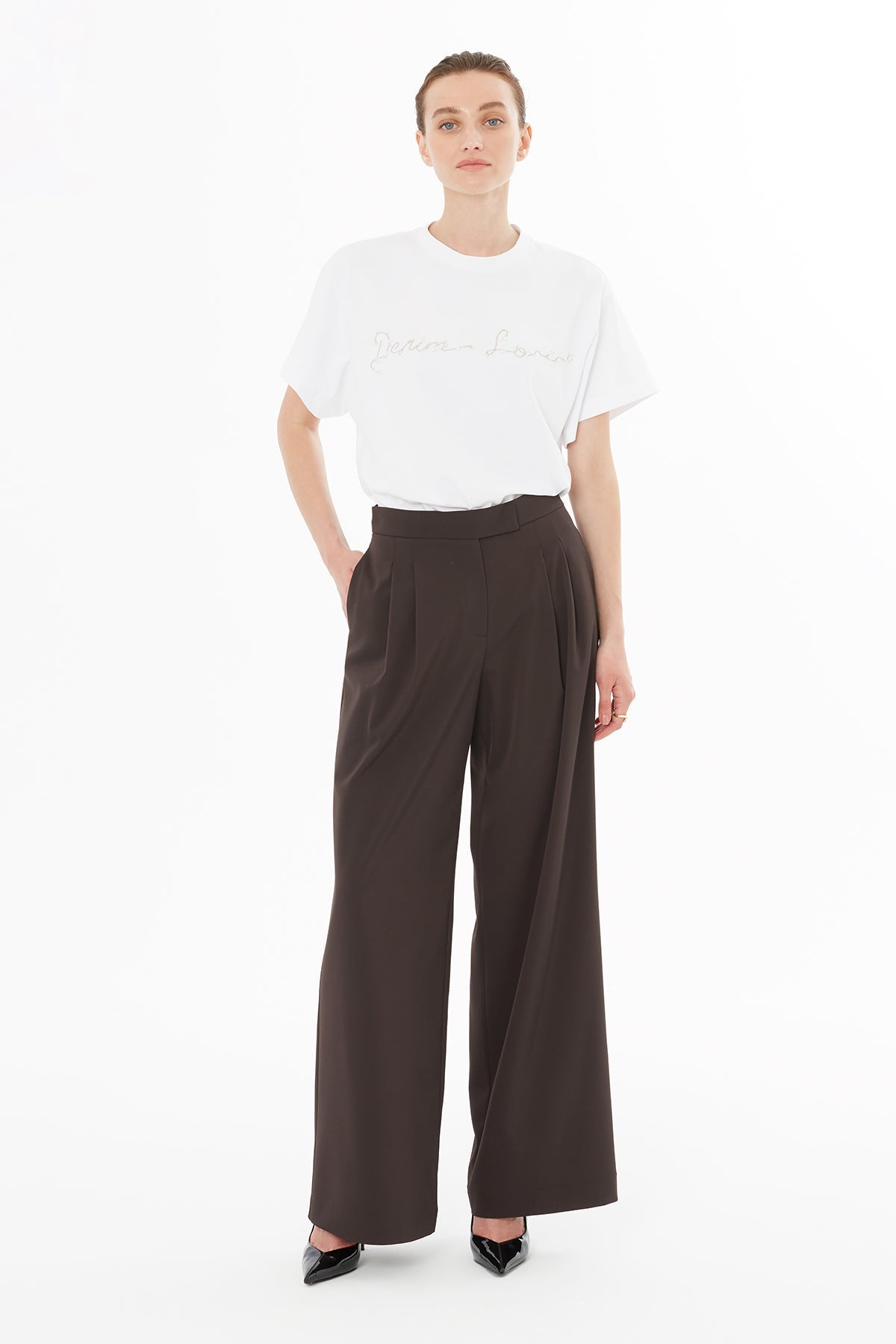 Brown Wide-Leg Pleated Trousers