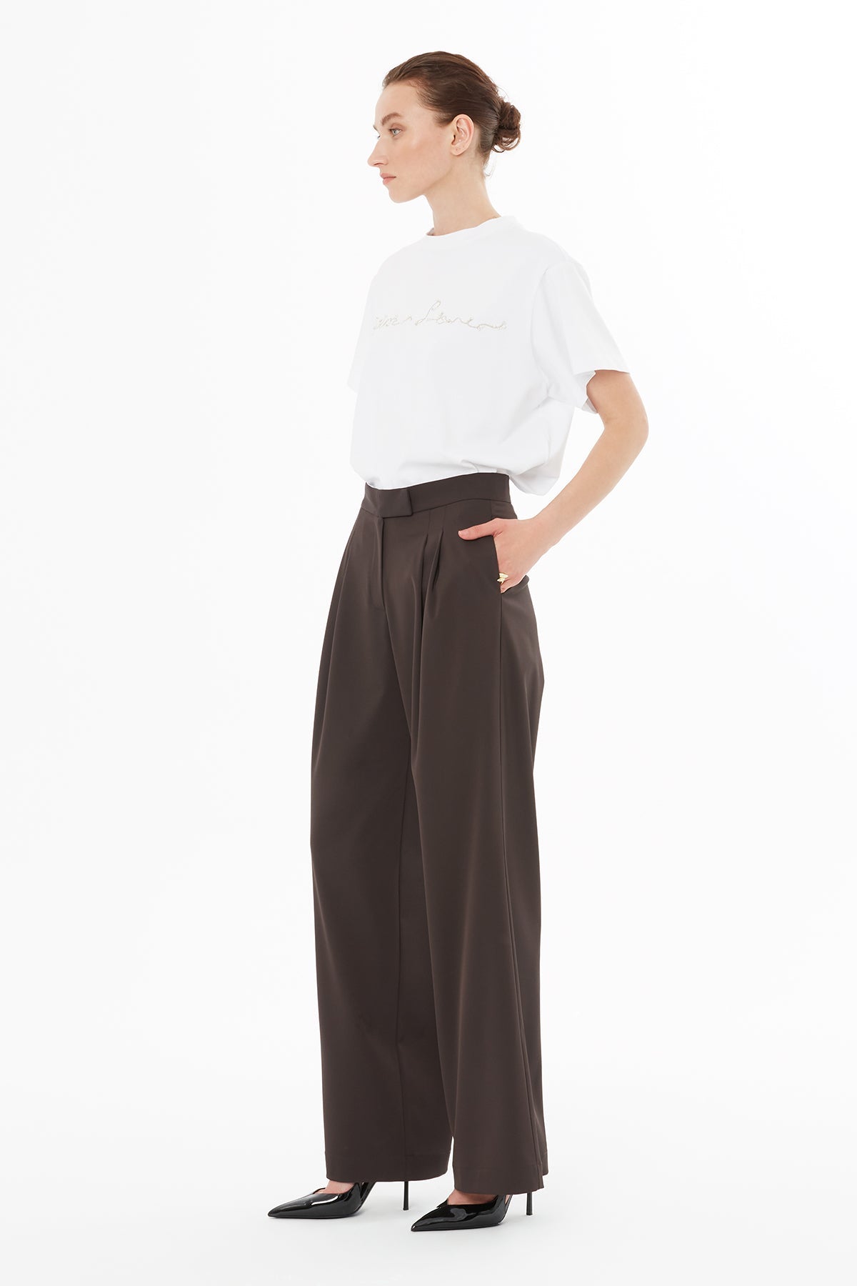 Brown Wide-Leg Pleated Trousers