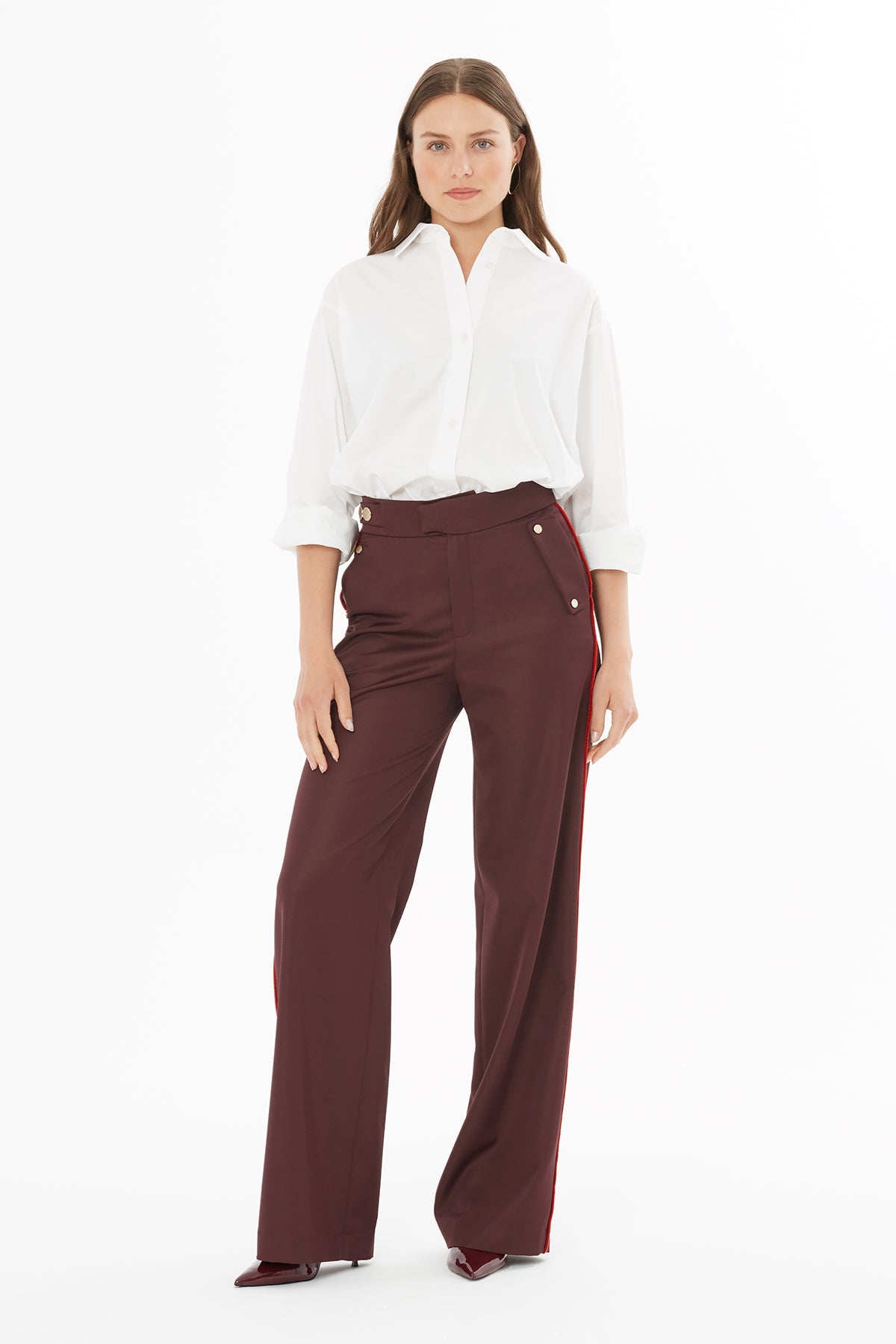 Burgundy Trousers with Button Accessories