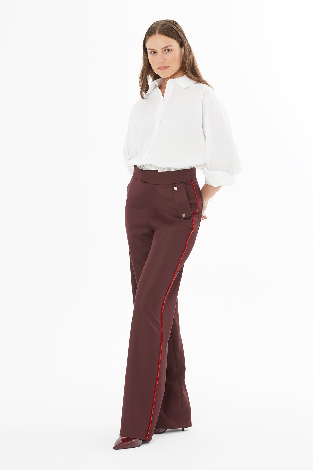 Burgundy Trousers with Button Accessories