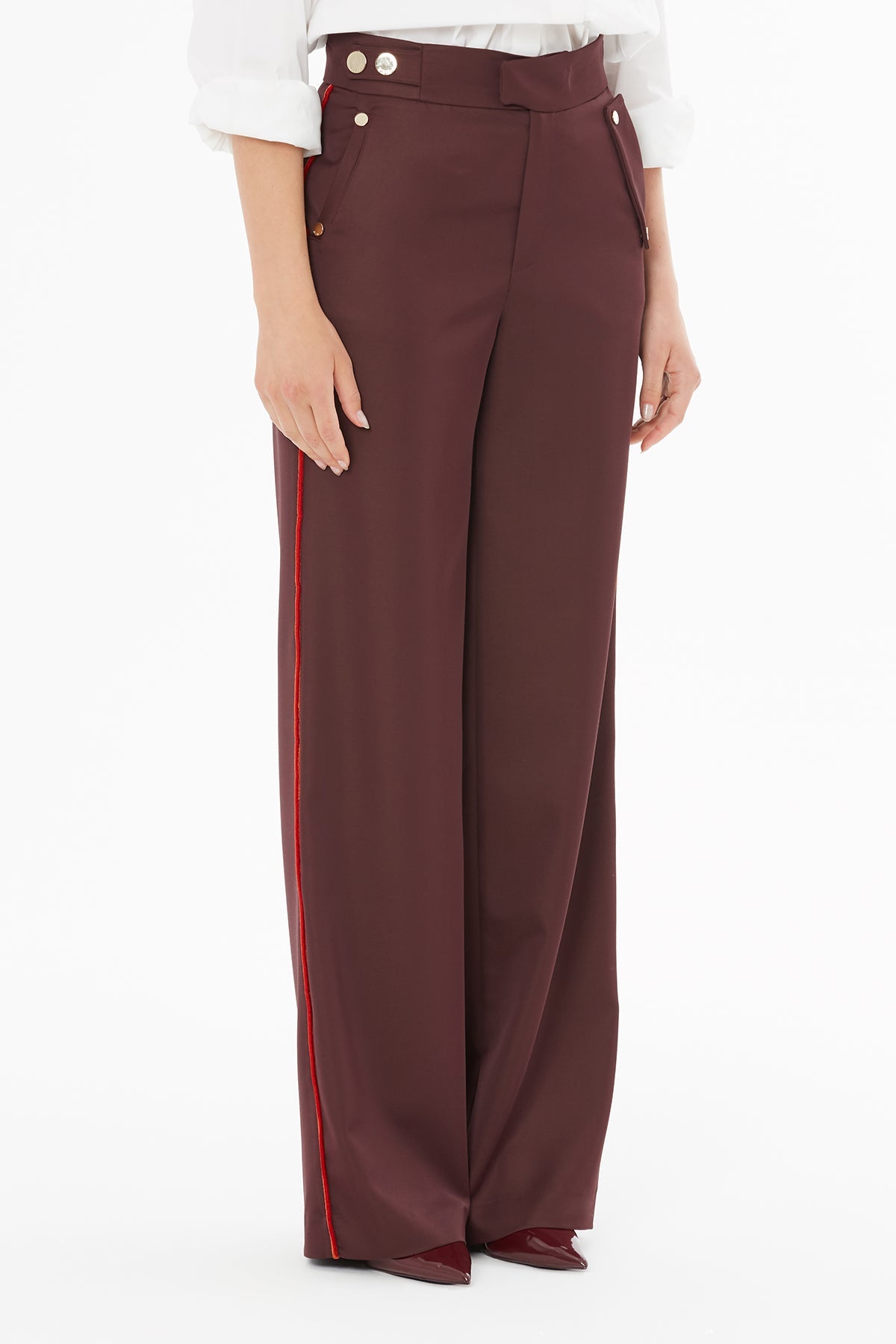 Burgundy Trousers with Button Accessories