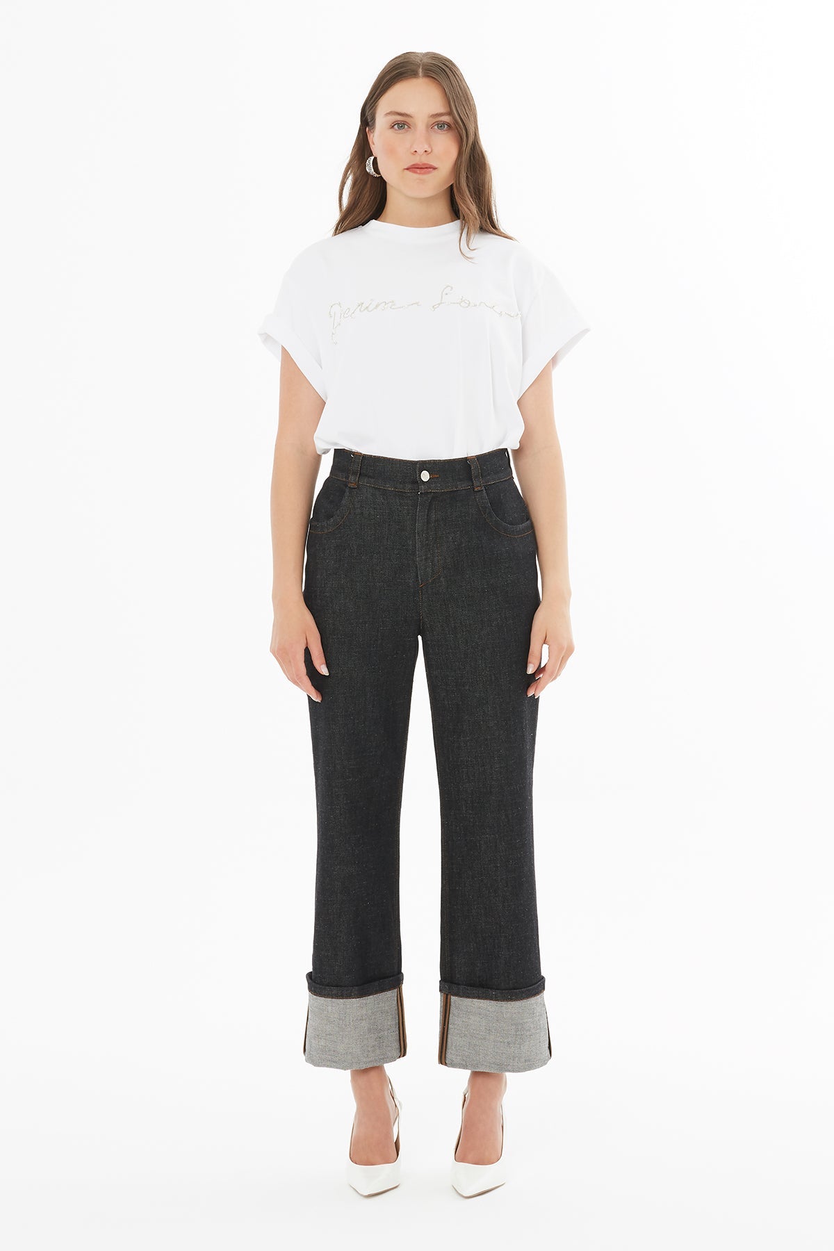 Black Cuffed-Hem Denim Jeans