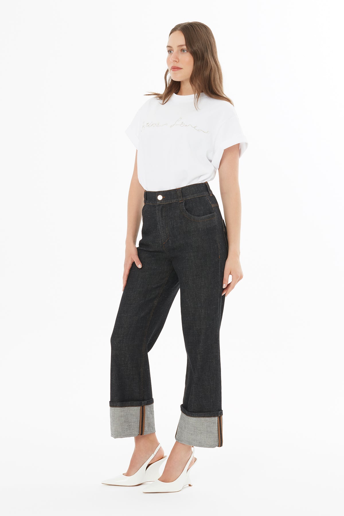 Black Cuffed-Hem Denim Jeans