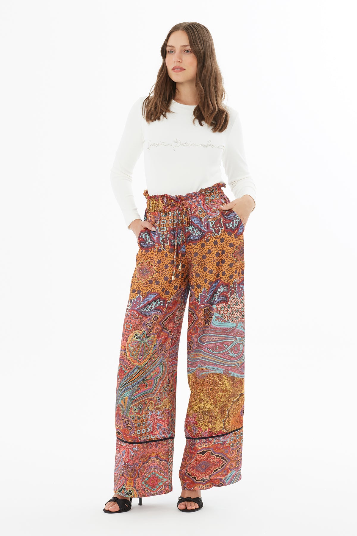 Printed Trousers with Self-Fabric Belt