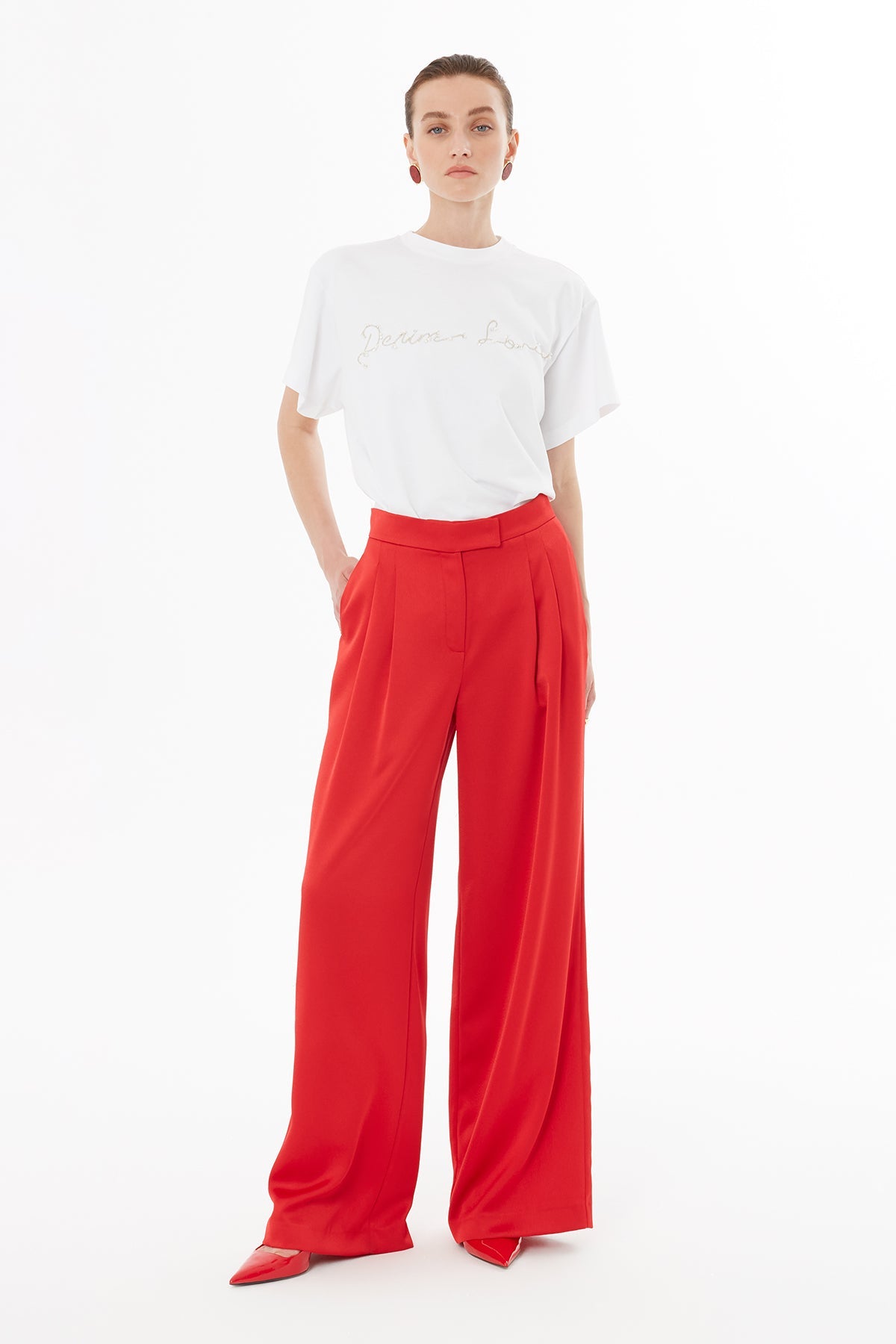 Red Trousers with Pleated Details