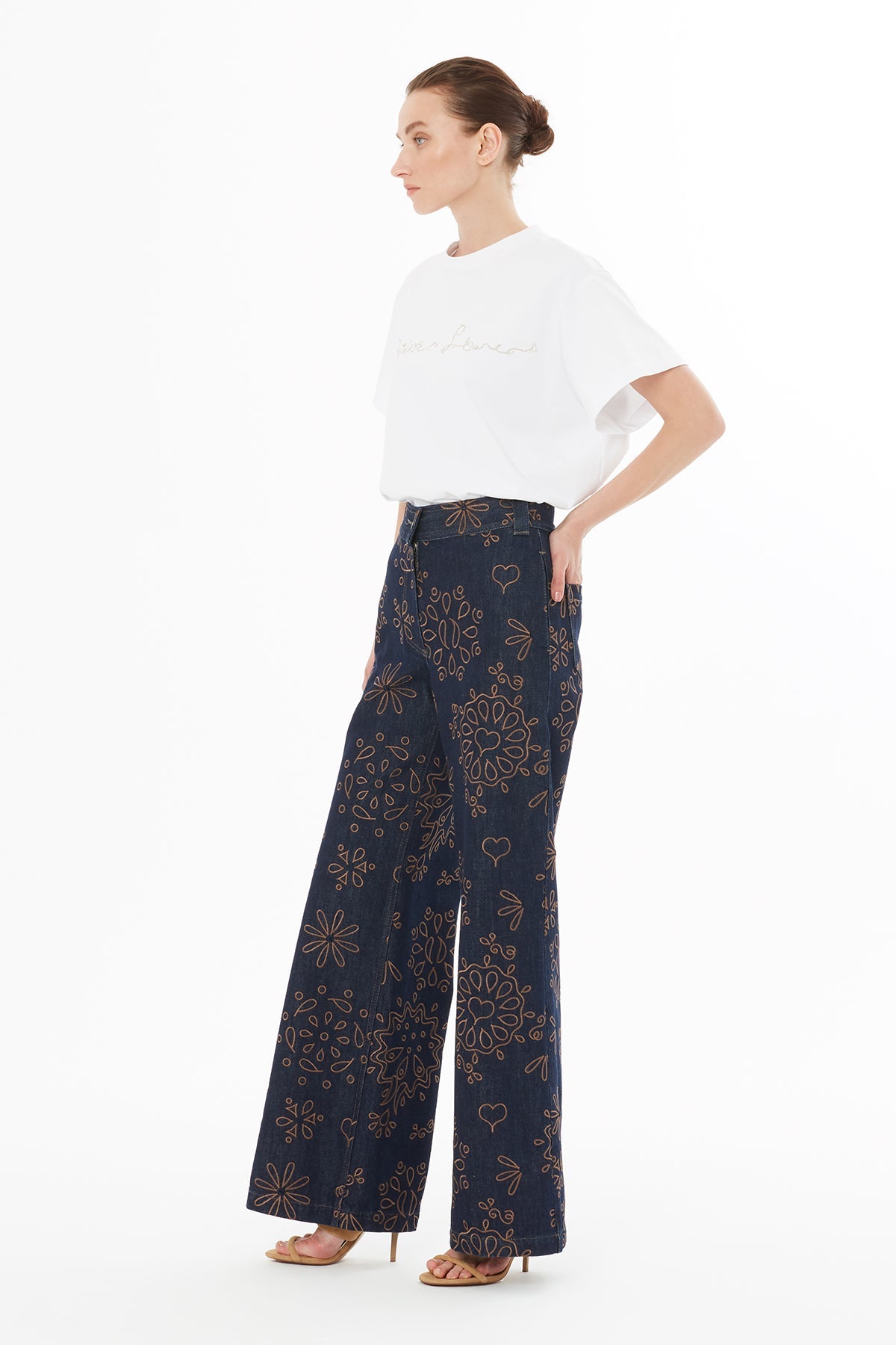 Navy Zip-Closure Embroidered Pants