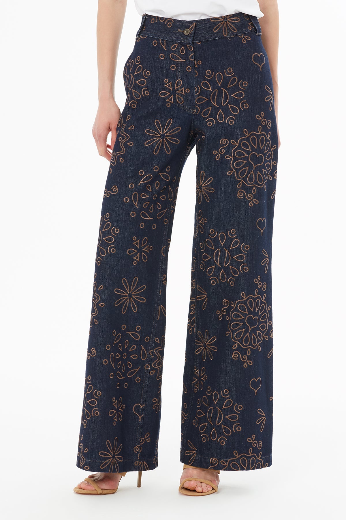 Navy Zip-Closure Embroidered Pants