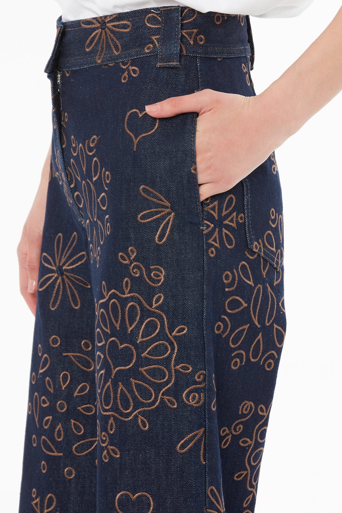 Navy Zip-Closure Embroidered Pants