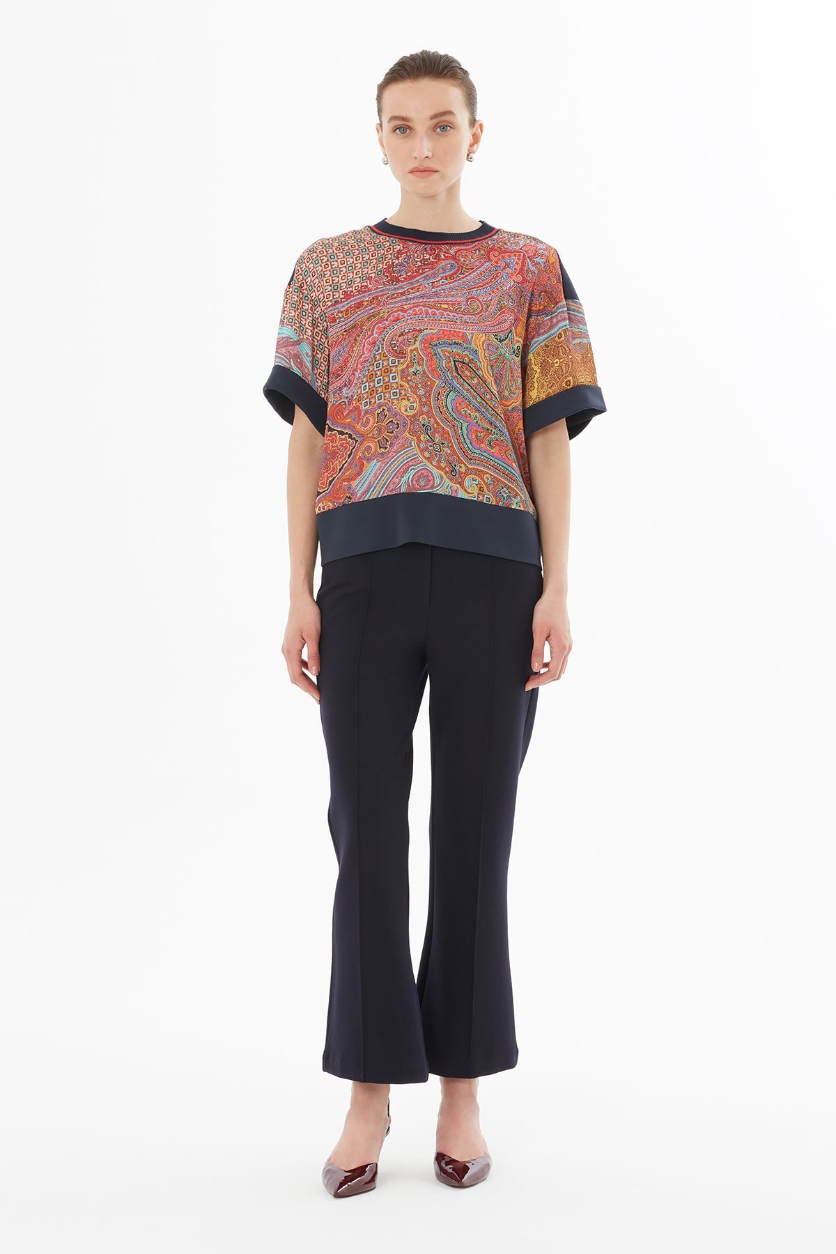 Printed Knit Blouse with Round Neck