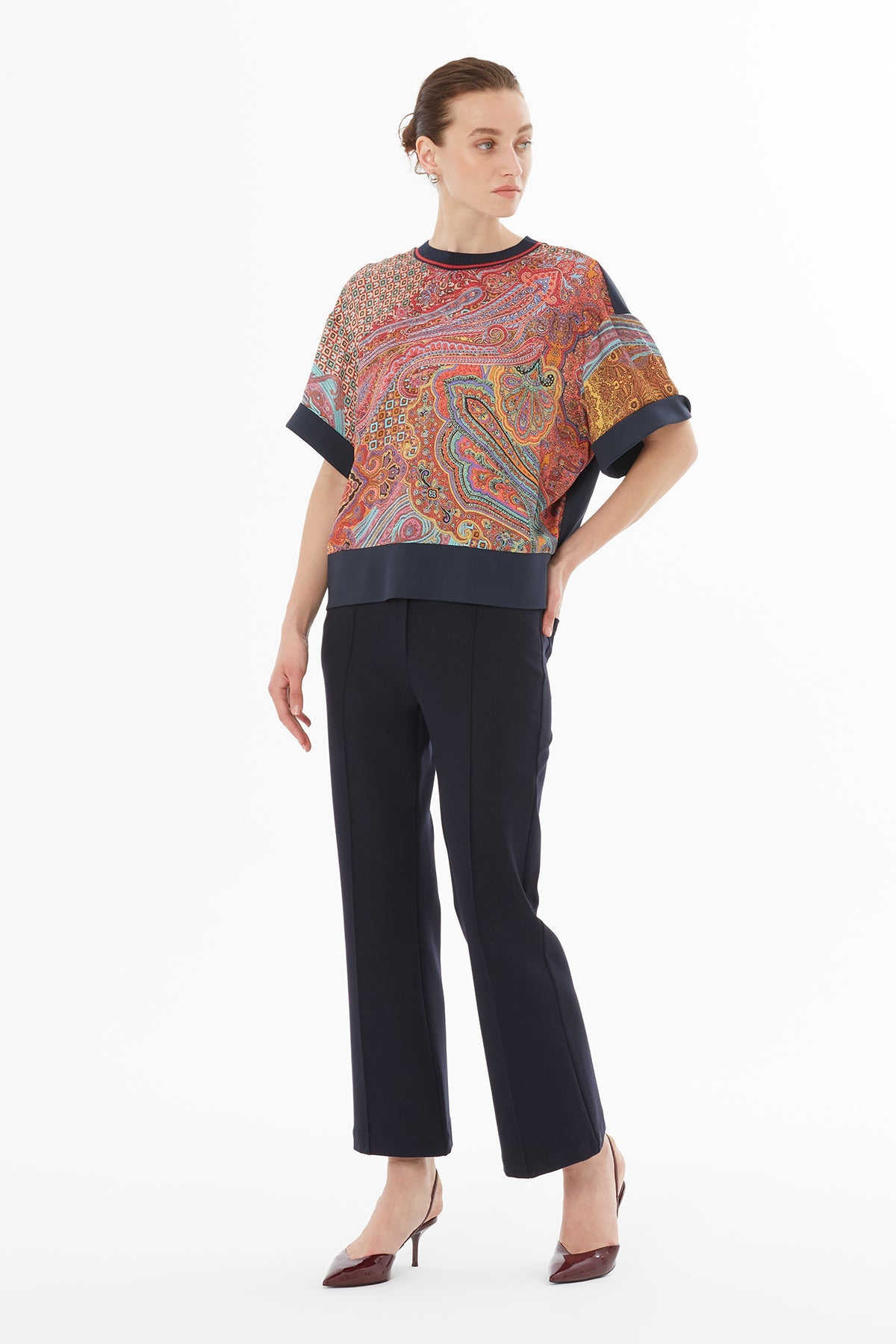 Printed Knit Blouse with Round Neck