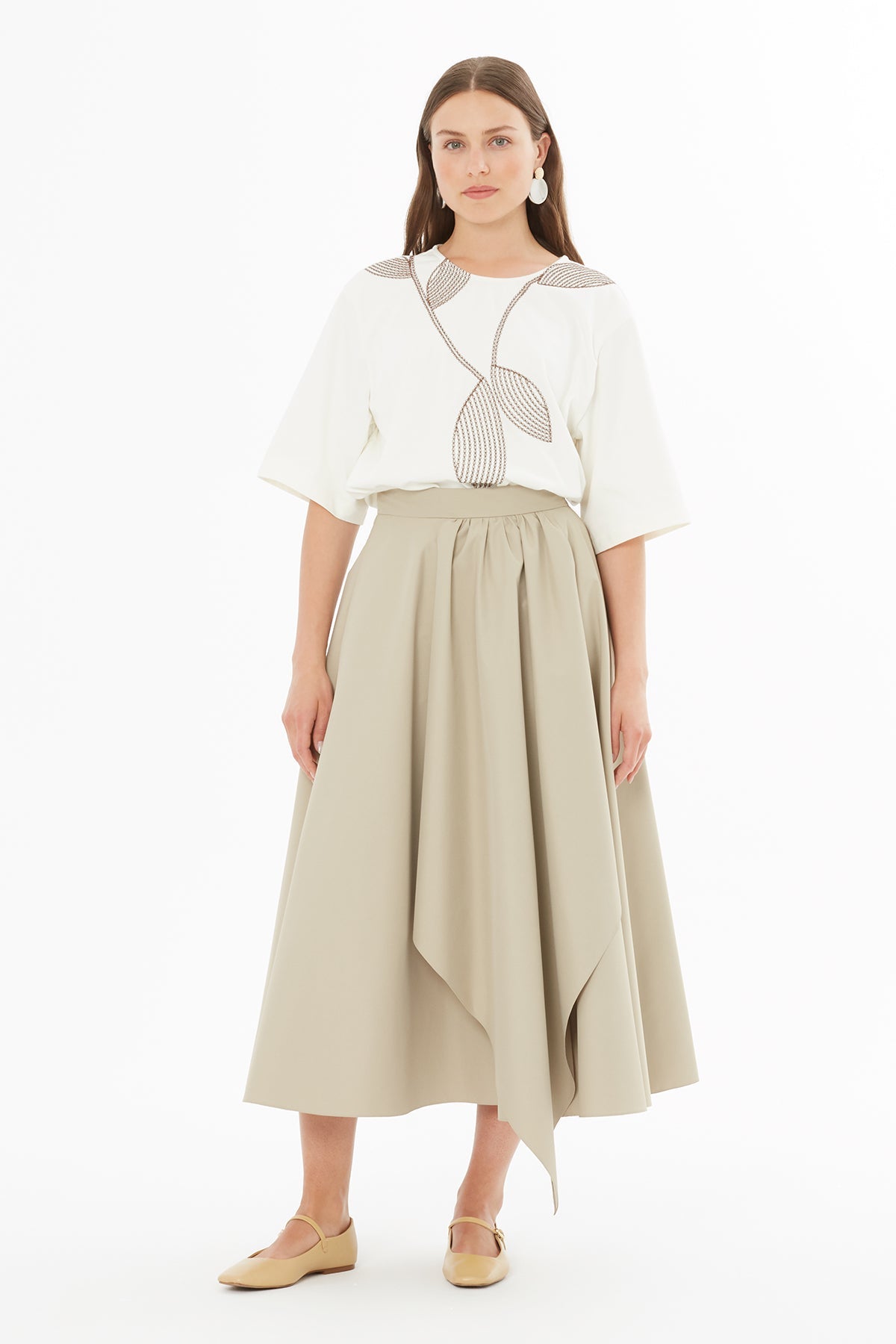 Beige Asymmetrical Gathered Midi Skirt