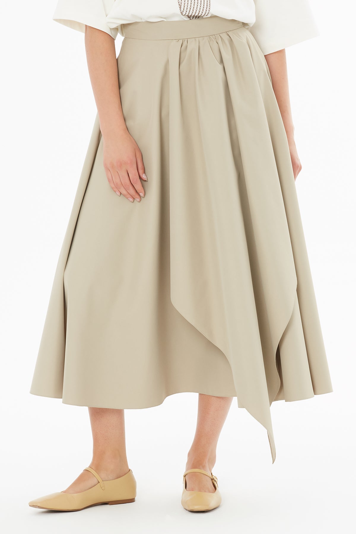 Beige Asymmetrical Gathered Midi Skirt