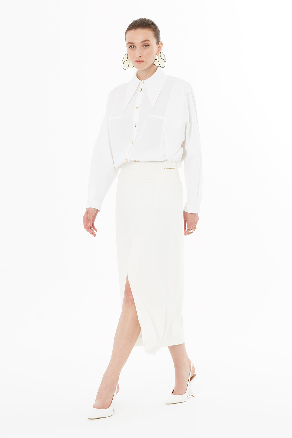 Ecru Pencil Skirt with Slit Detail