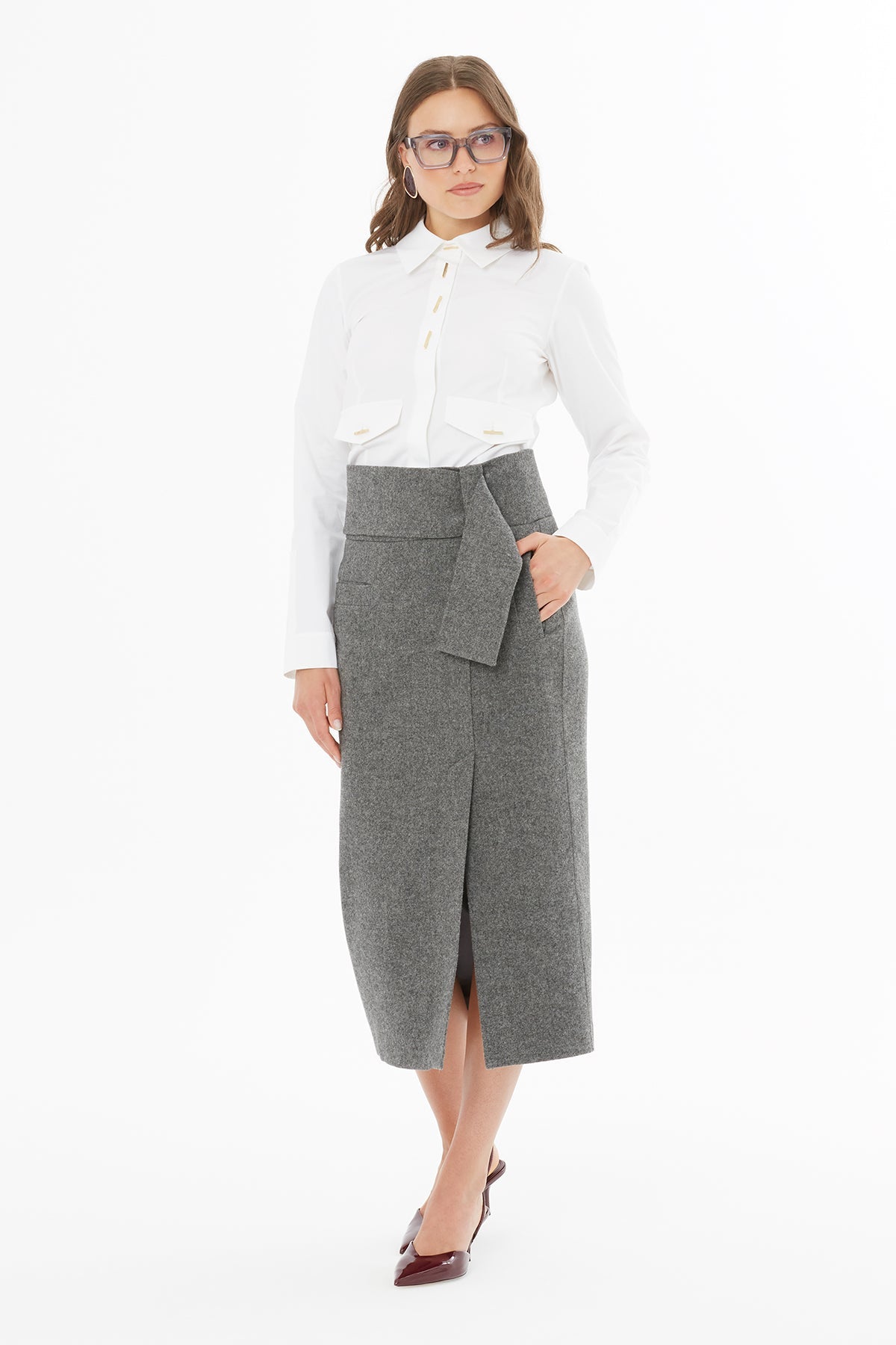 Grey Slit Midi Skirt with Belt