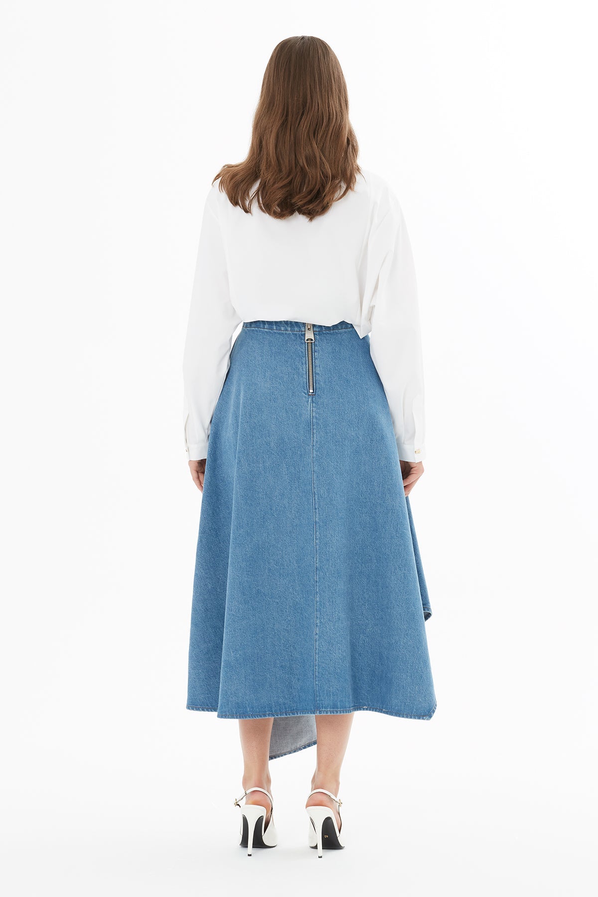 Denim Midi Skirt with Belt Detail