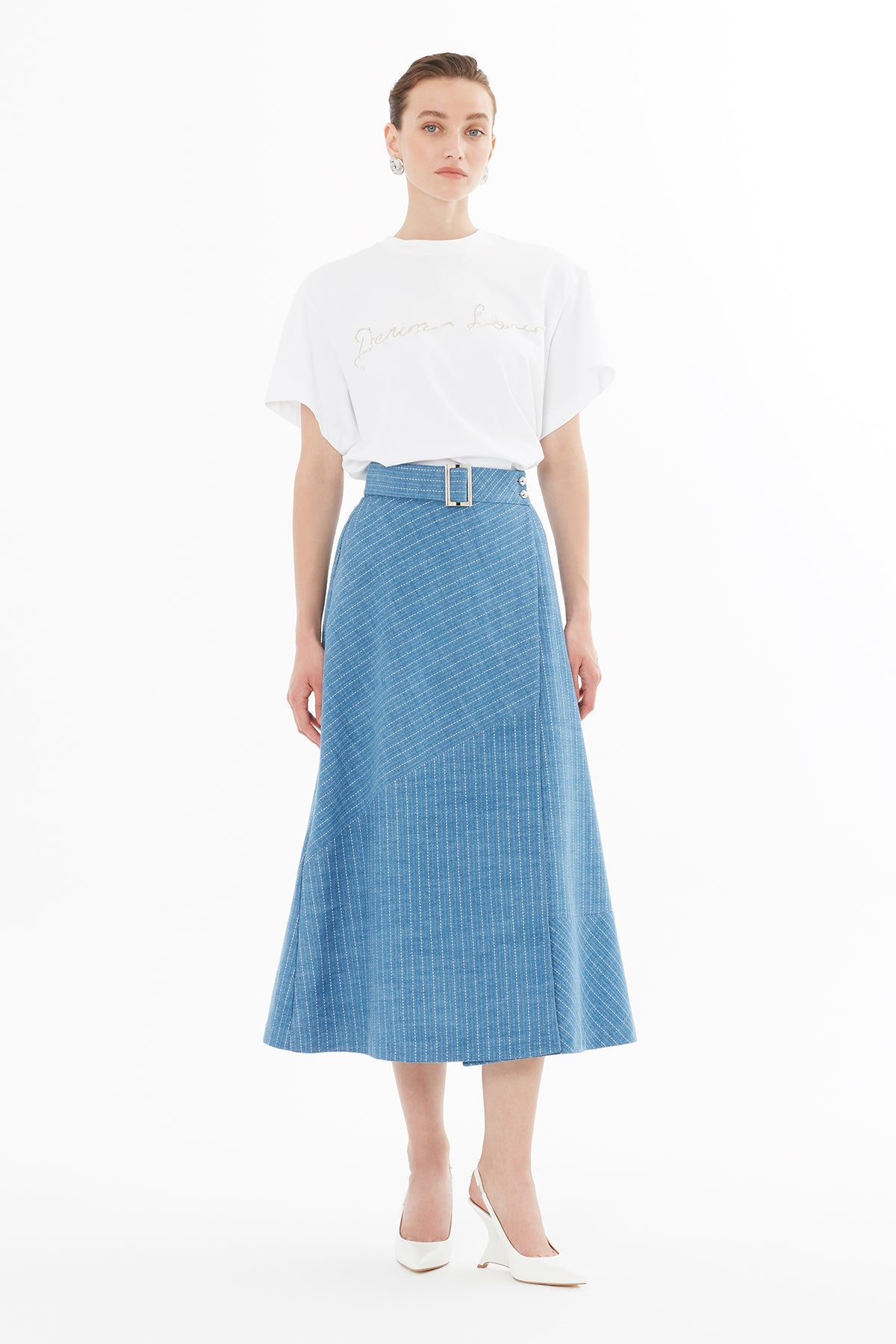 Denim Midi Skirt with Stripes