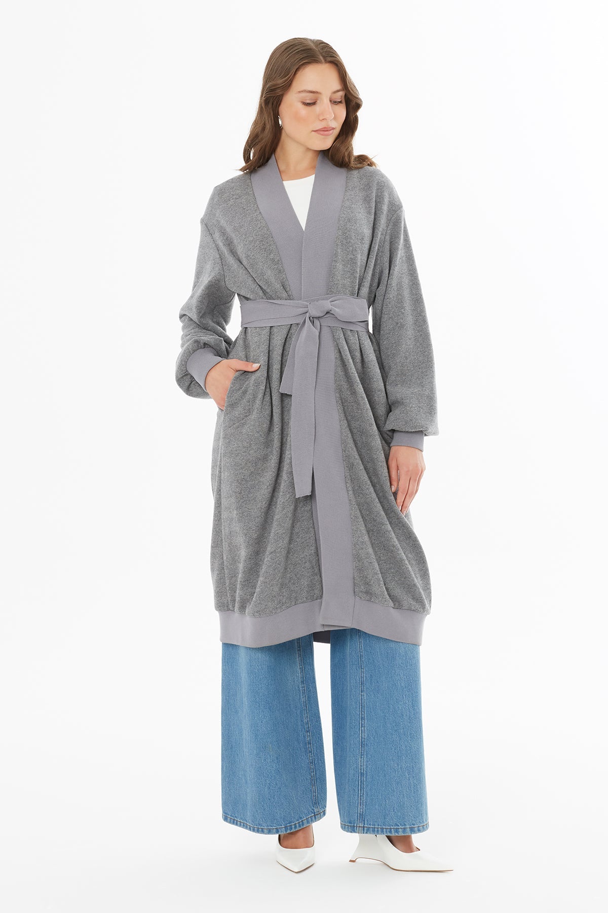 Grey long cardigan with belt