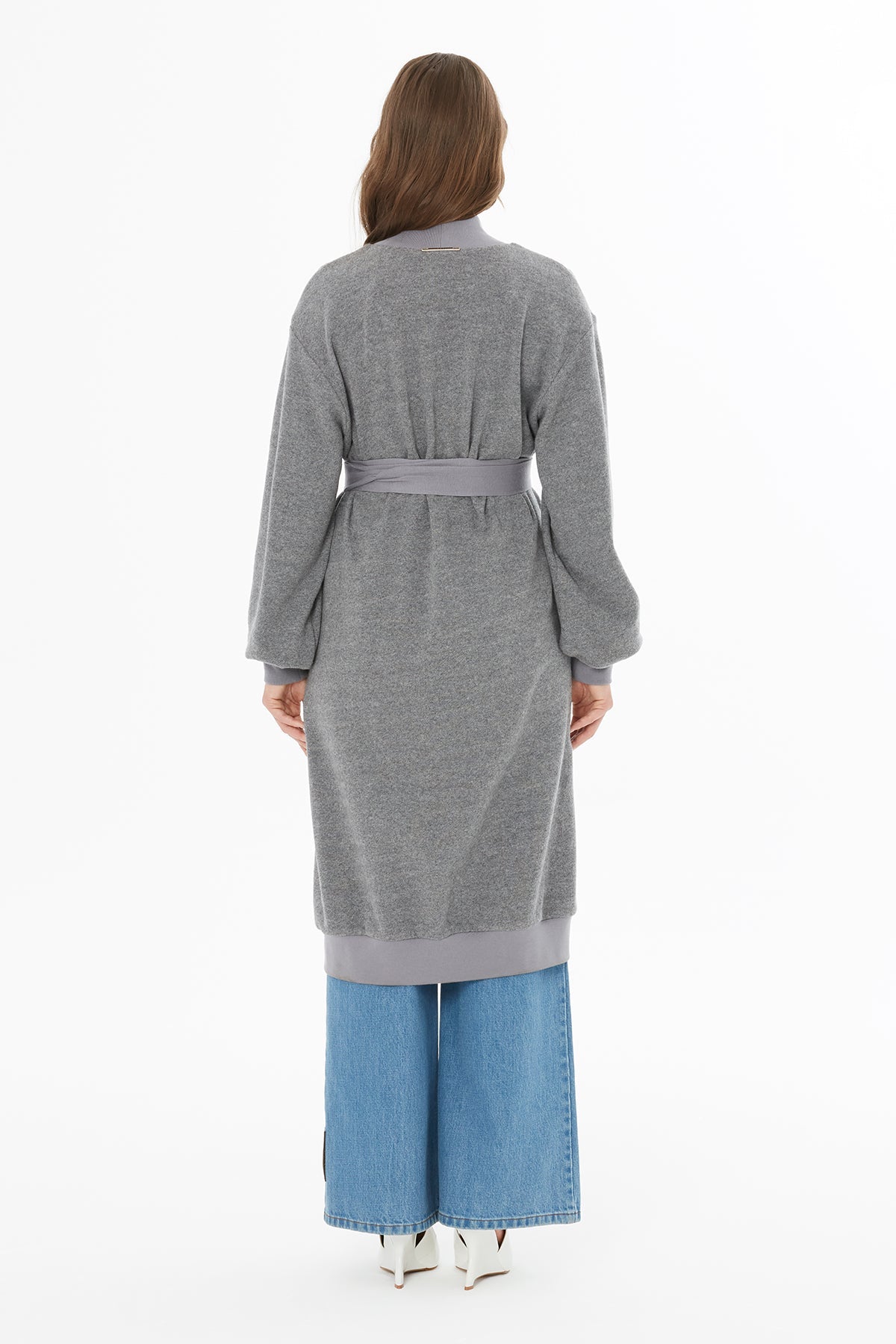 Grey long cardigan with belt