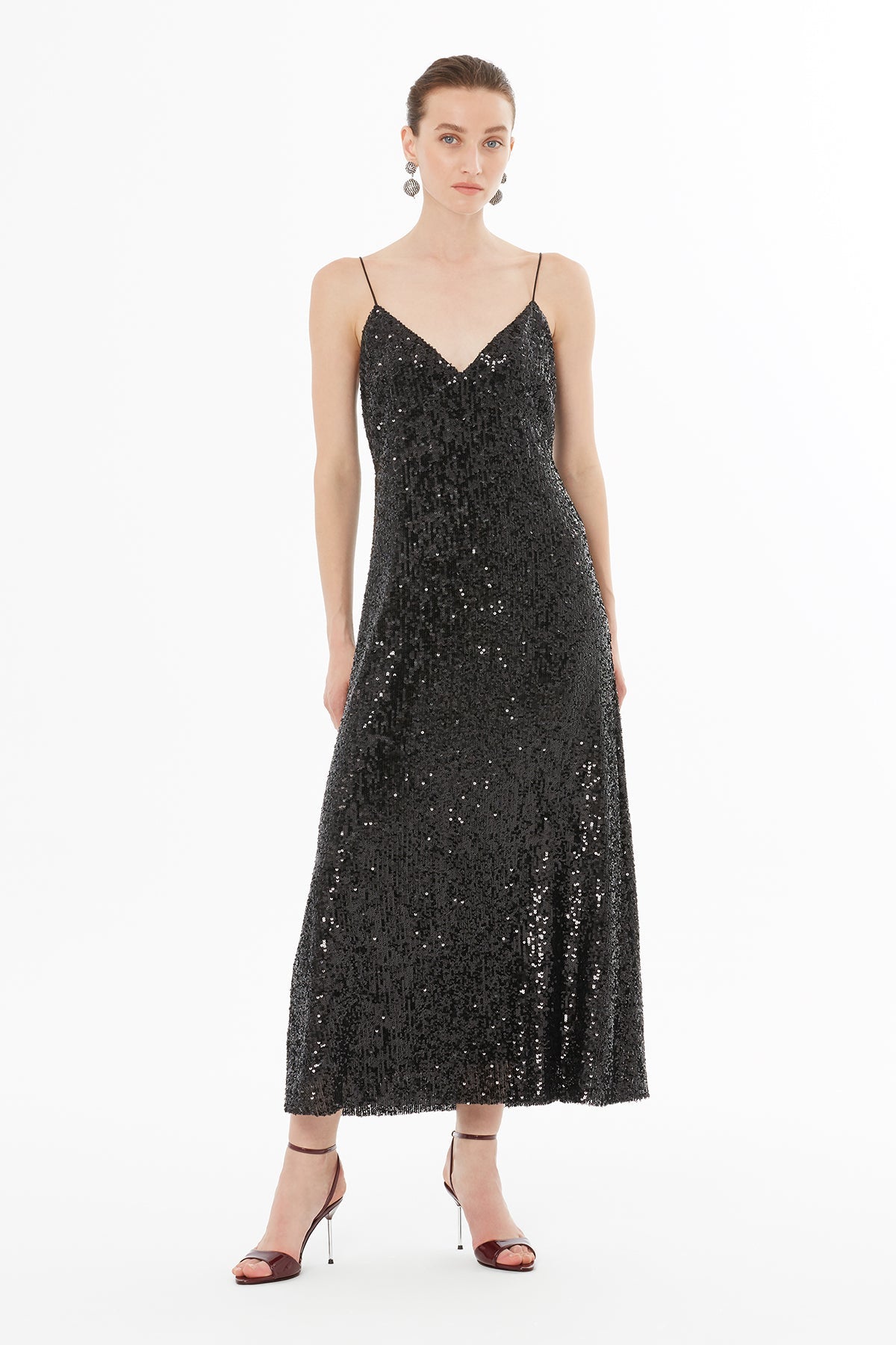 Black Thin-Strap V-Neck Midi Dress