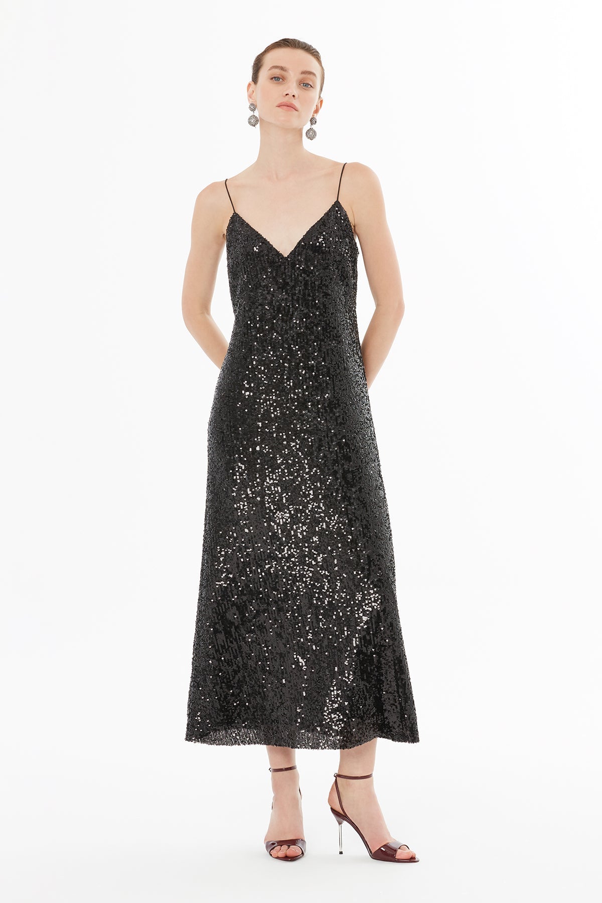 Black Thin-Strap V-Neck Midi Dress