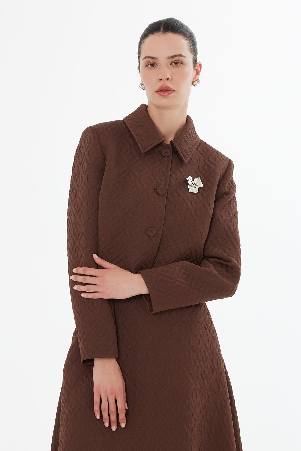 Brown Brooch-Detail Jacket Set