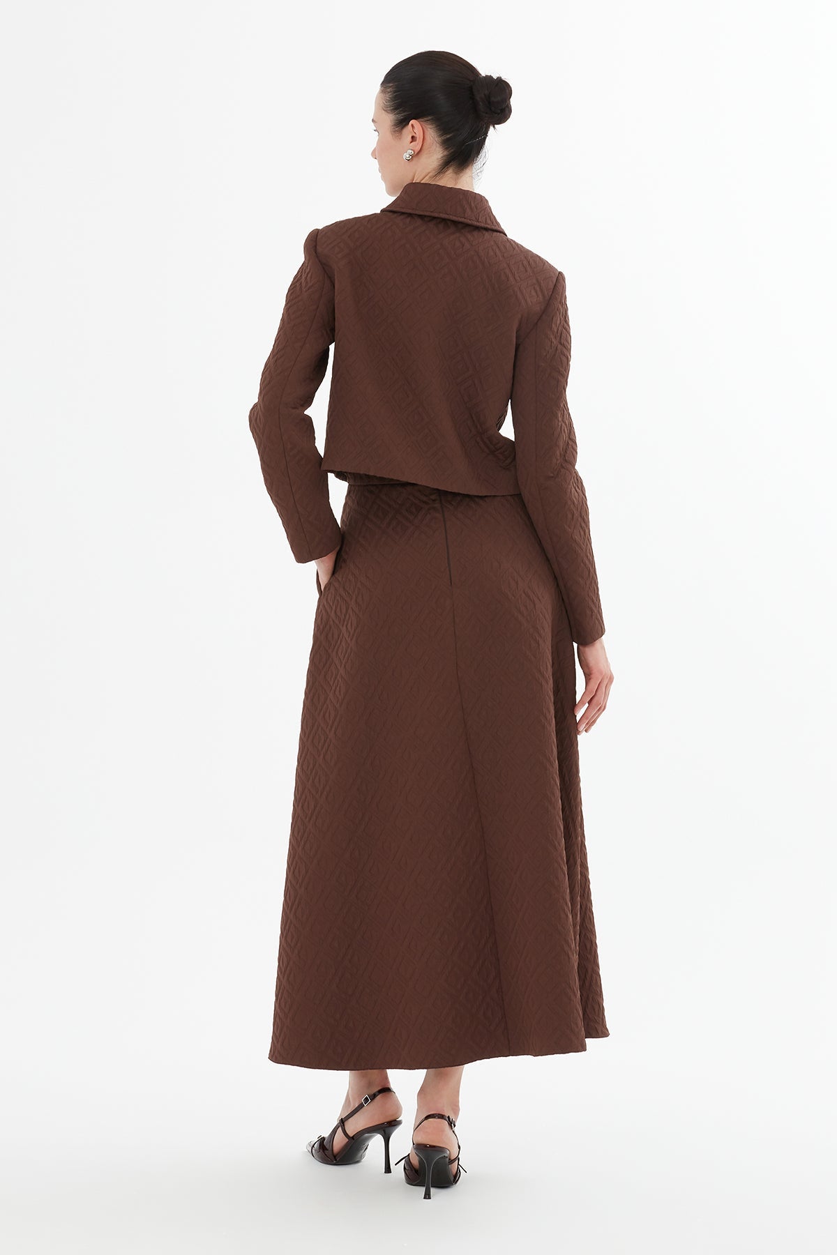 Brown Brooch-Detail Jacket Set