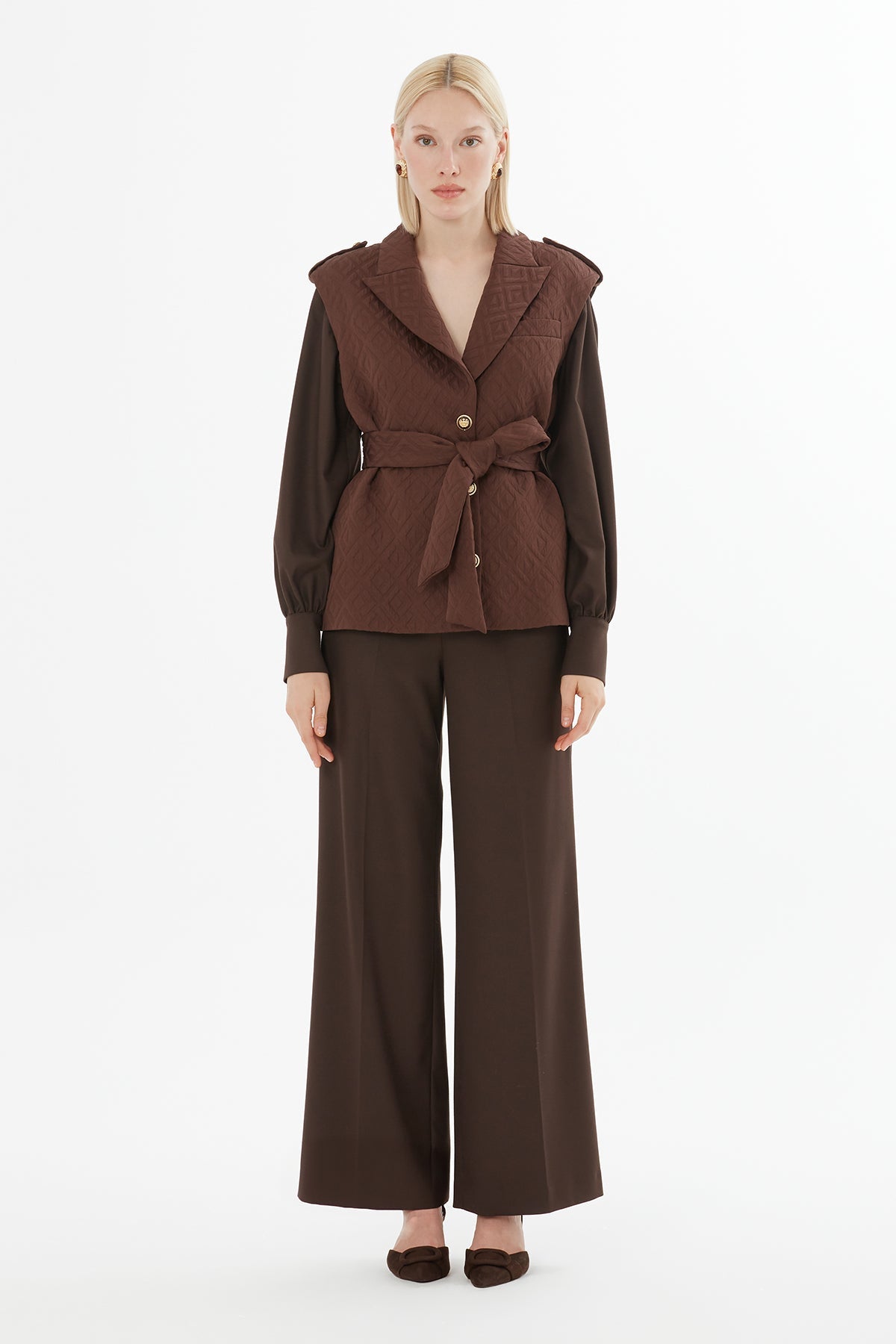 Brown Belted Jacket and Trousers Set