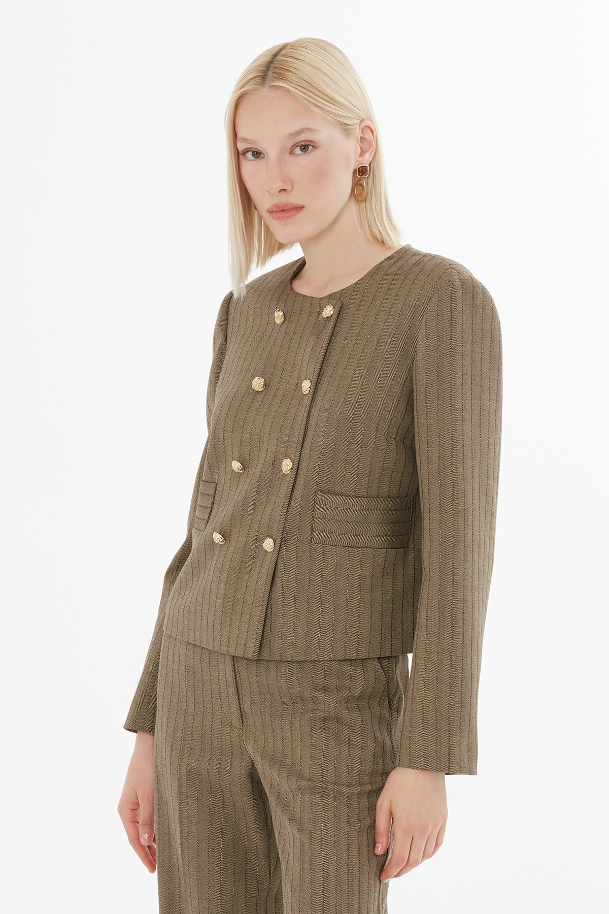 Brown Mono-Closure Jacket Suit