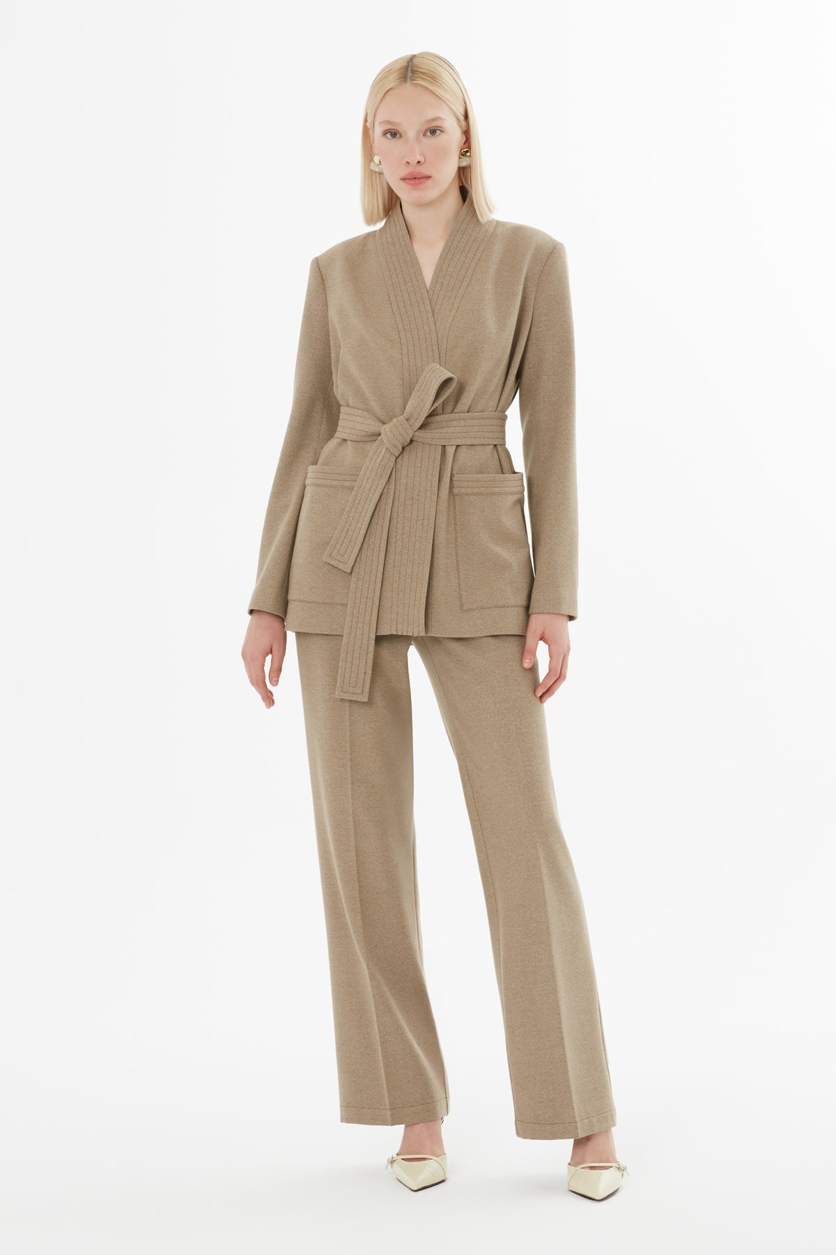 Beige Suit with Belted Pocket Jacket