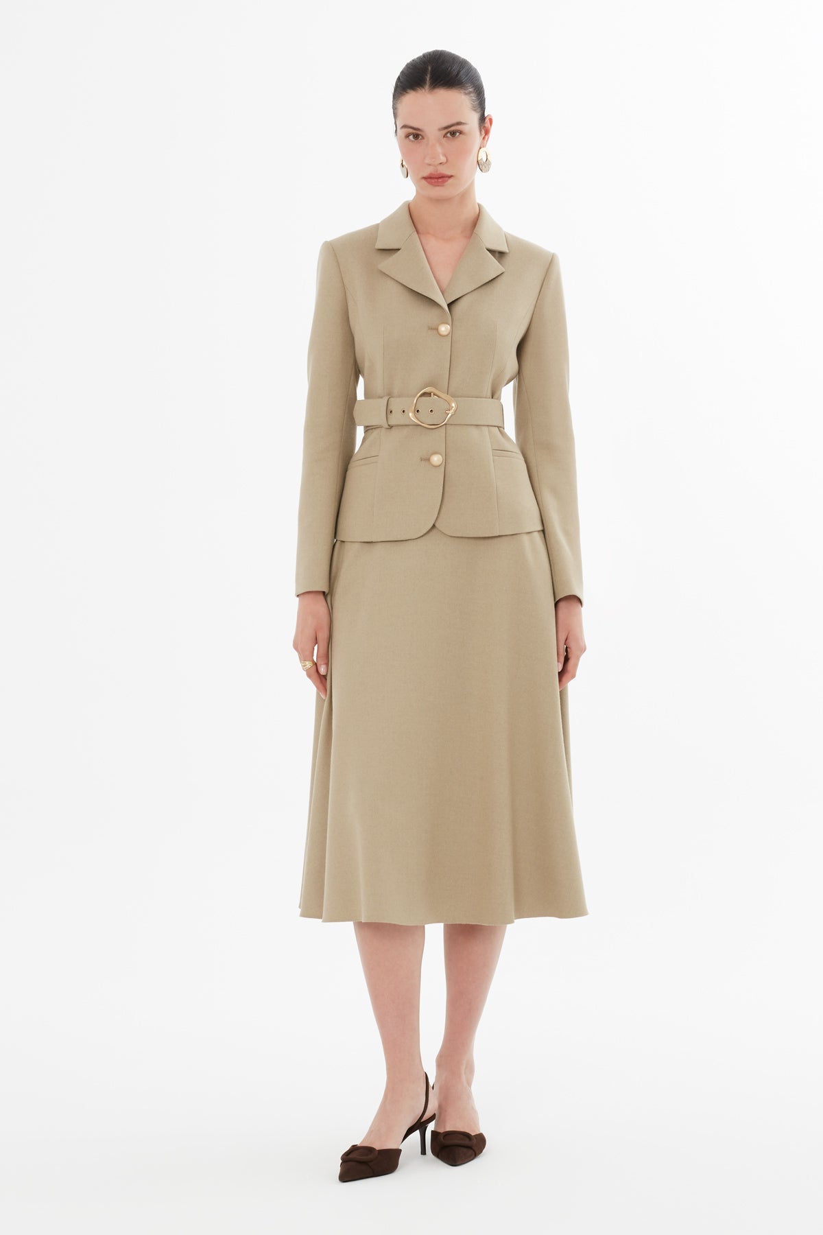 Beige Belted Jacket and Skirt Suit