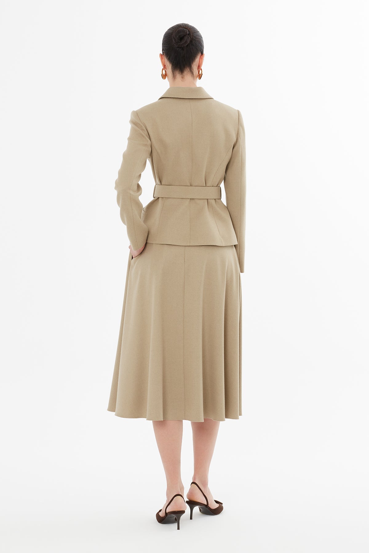 Beige Belted Jacket and Skirt Suit