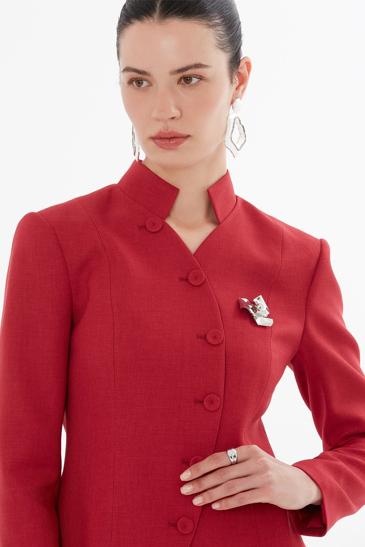 Green Short Jacket Suit with Brooch