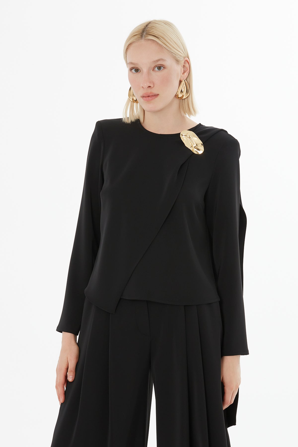 Black Shawl-Detail Blouse Set