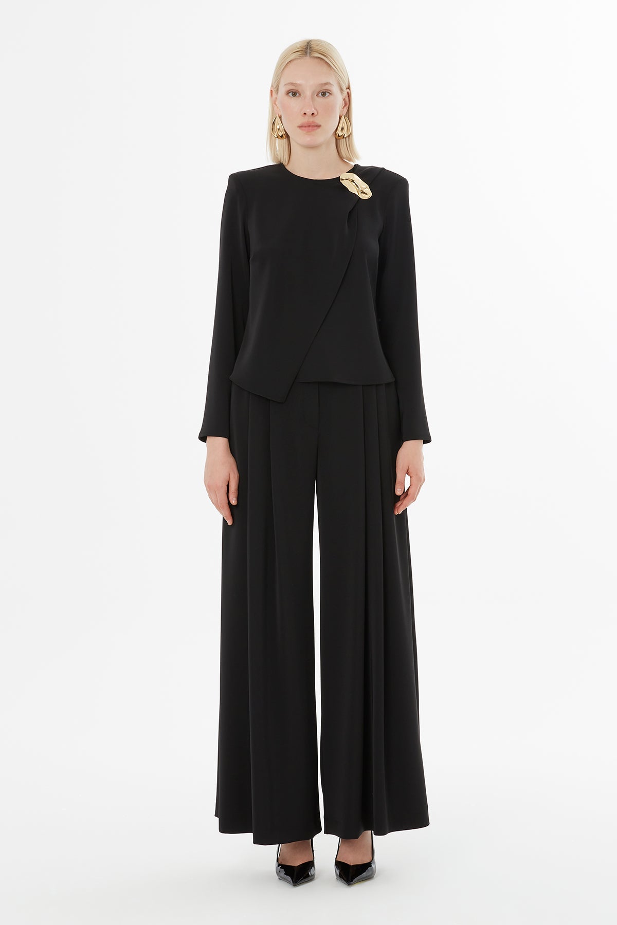 Black Shawl-Detail Blouse Set