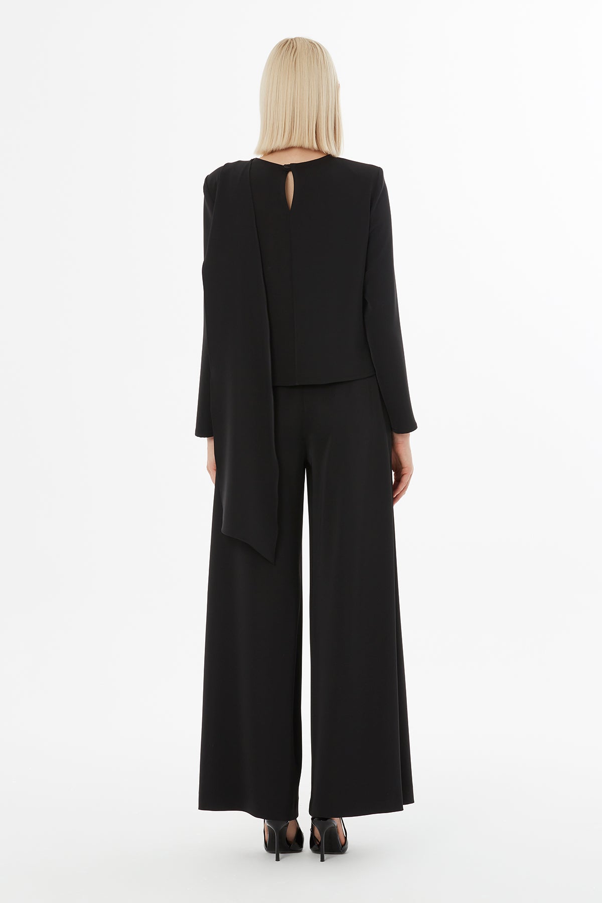 Black Shawl-Detail Blouse Set
