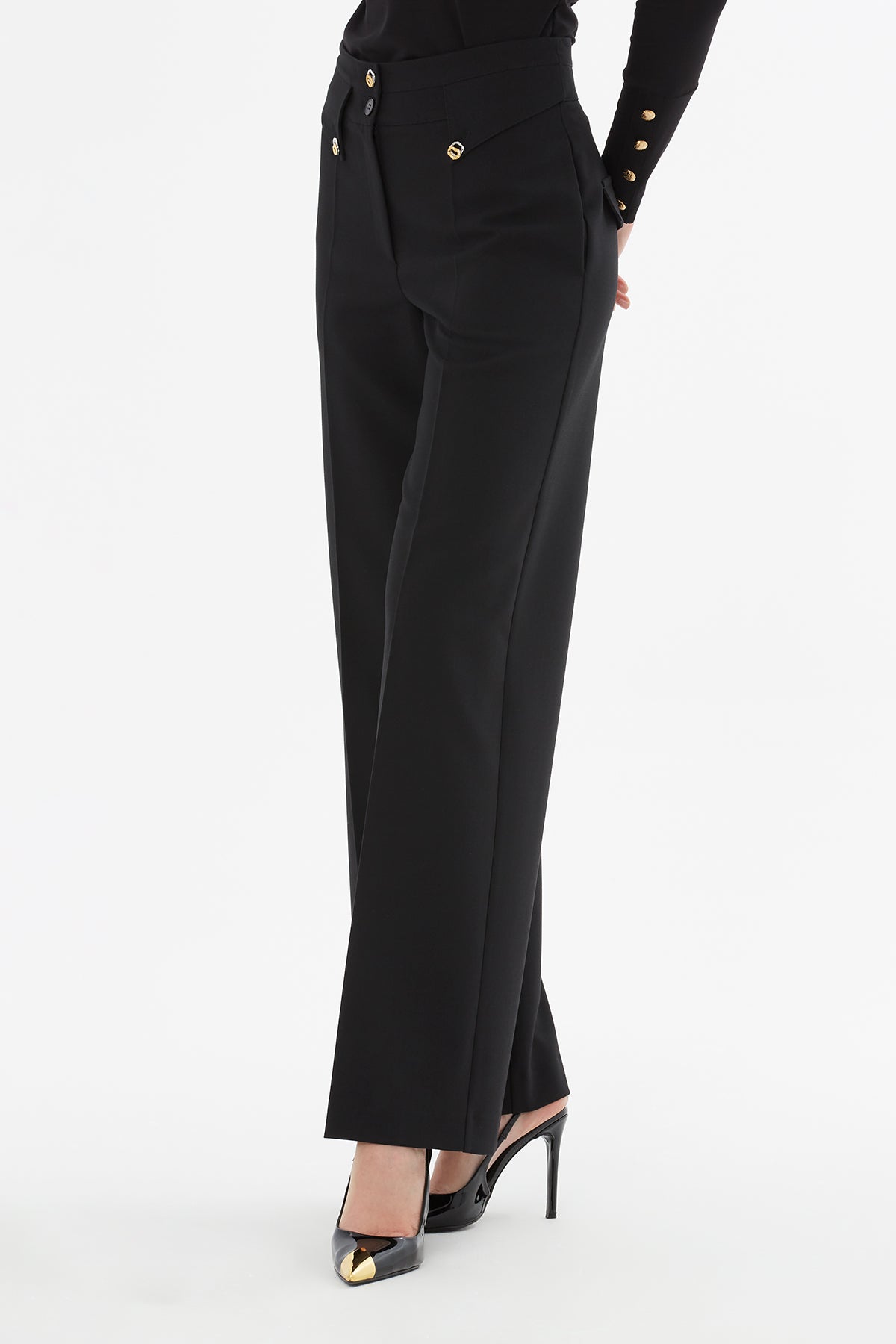 Black Palazzo Pants with Button Detail