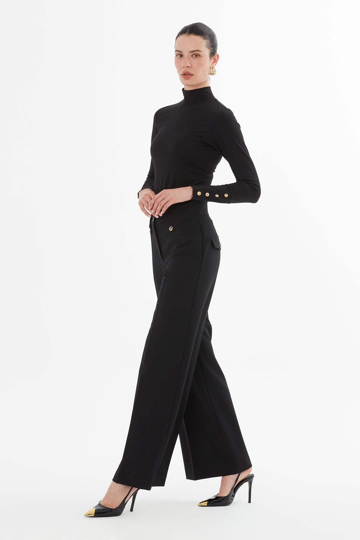 Black Palazzo Pants with Button Detail