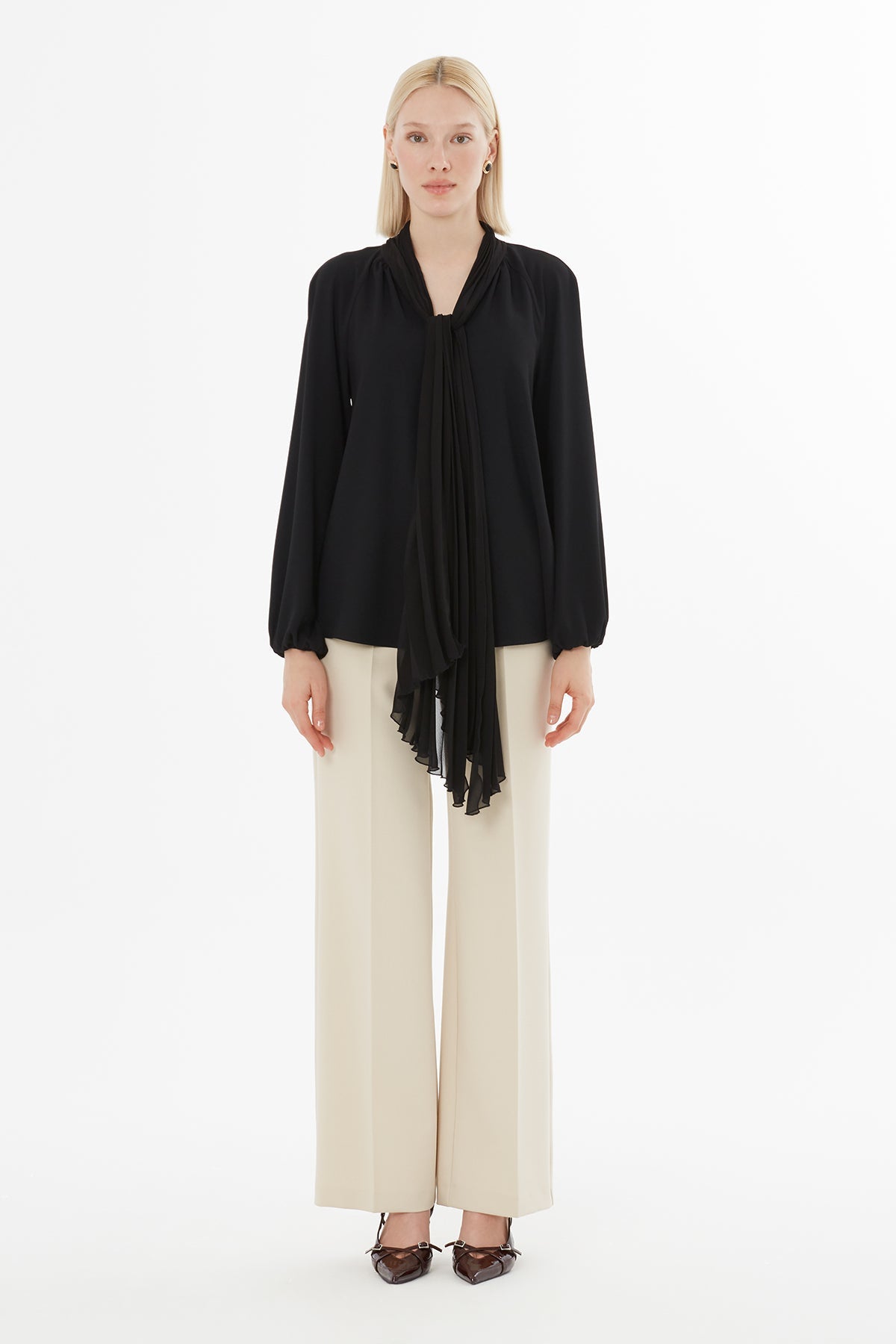 Black Blouse with Pleated Neckline Detail