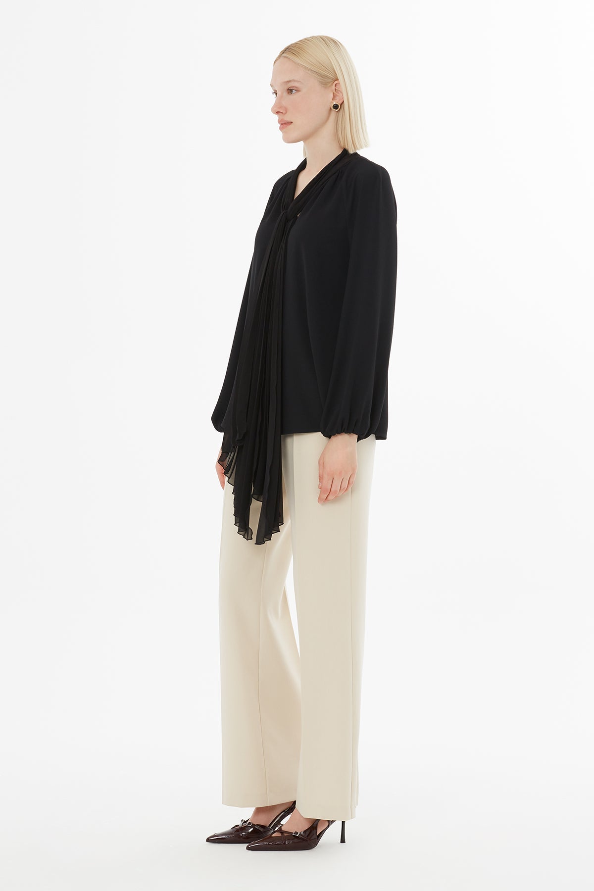 Black Blouse with Pleated Neckline Detail